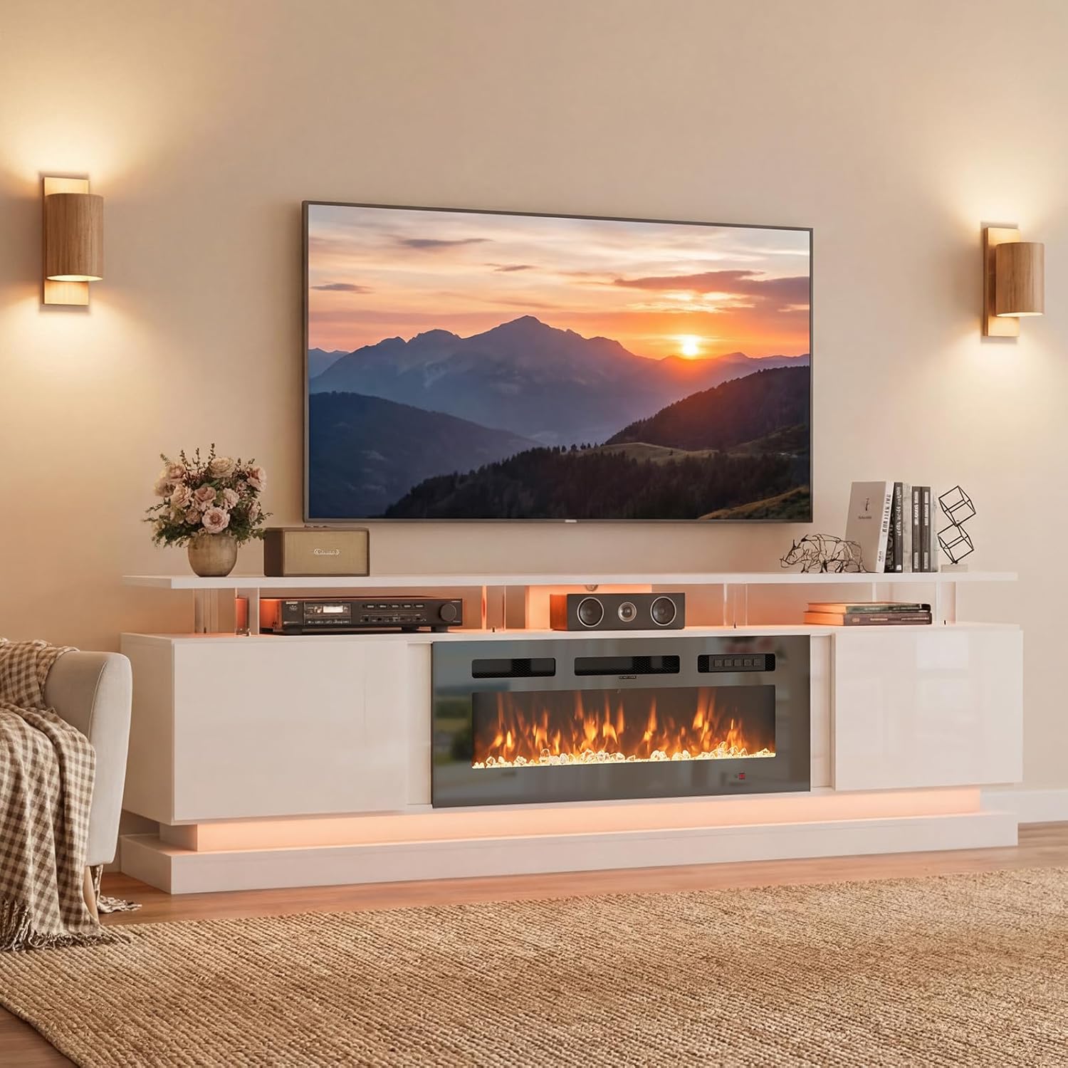 Breezestival 70" Fireplace TV Stand for TVs up to 80", Modern Entertainment Center with Black Fireplace and Storage, White