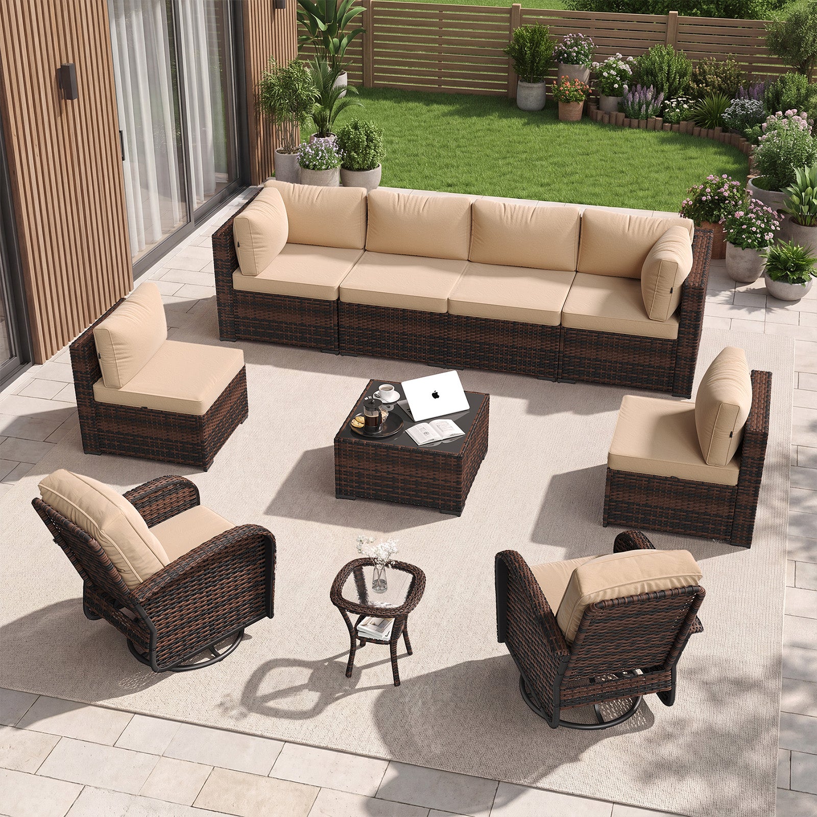 Aoxun 10 Piece Outdoor Patio Furniture Set with Coffee Table, Wicker Rattan Outdoor Furniture with High Back Swivel Rocker Chairs, Outdoor Conversation Set with Thick Cushion & Ottoman