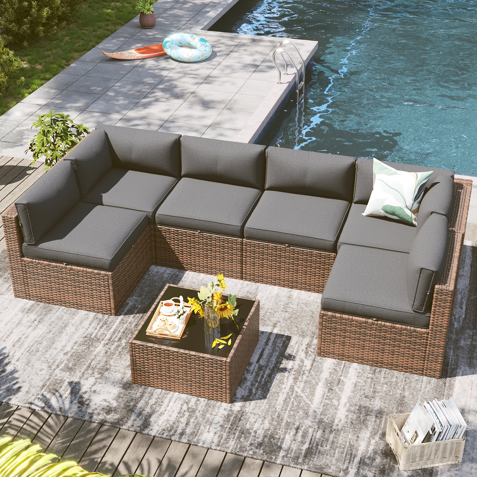 LazySunsets 7 Piece Outdoor Patio Furniture Set with Coffee Table, Outdoor Patio Furniture Sets with Waterproof Cover, Wicker Rattan Outdoor Conversation Set for Backyard & Garden, Beige