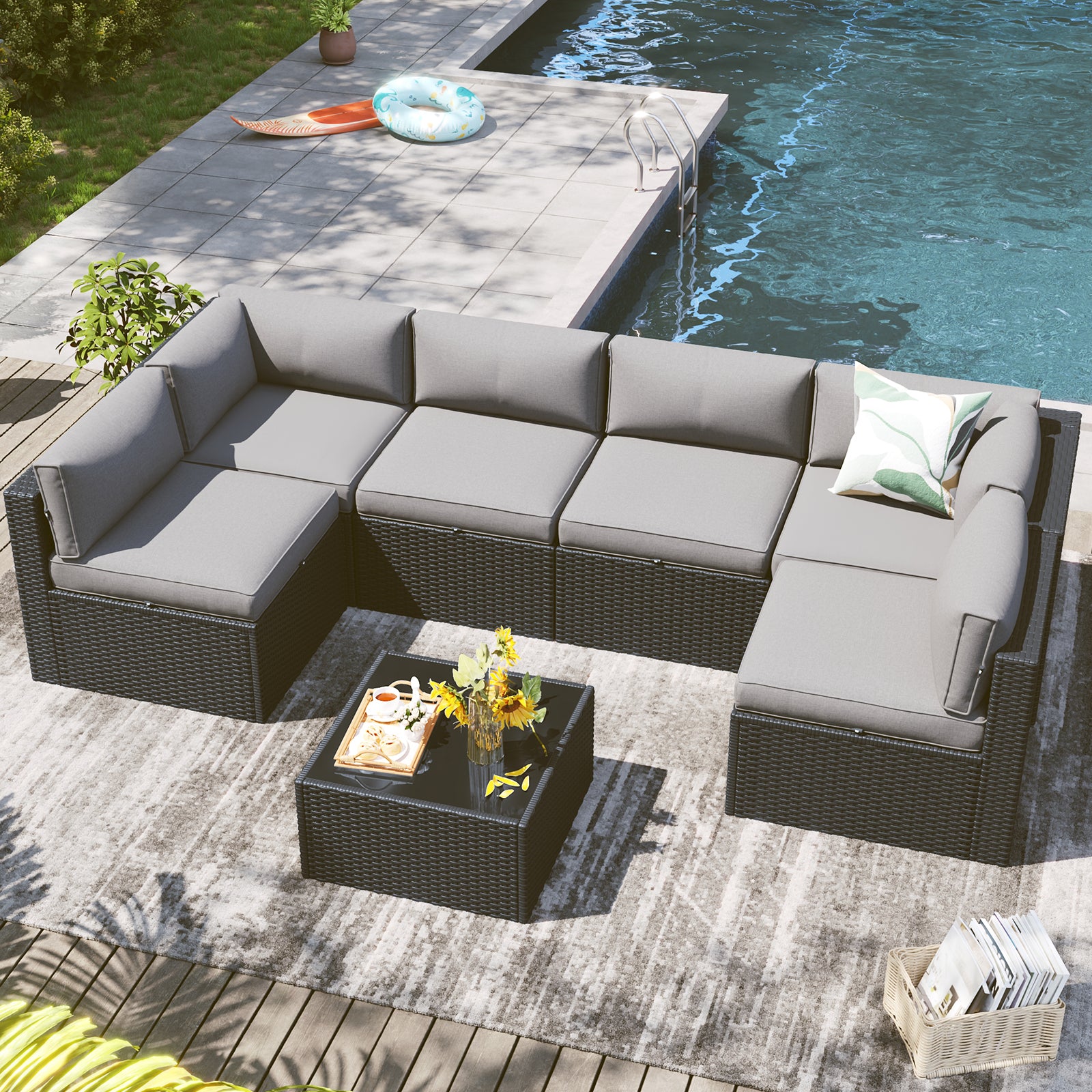 LazySunsets 7 Piece Outdoor Patio Furniture Set with Coffee Table, Outdoor Patio Furniture Sets with Waterproof Cover, Wicker Rattan Outdoor Conversation Set for Backyard & Garden, Beige
