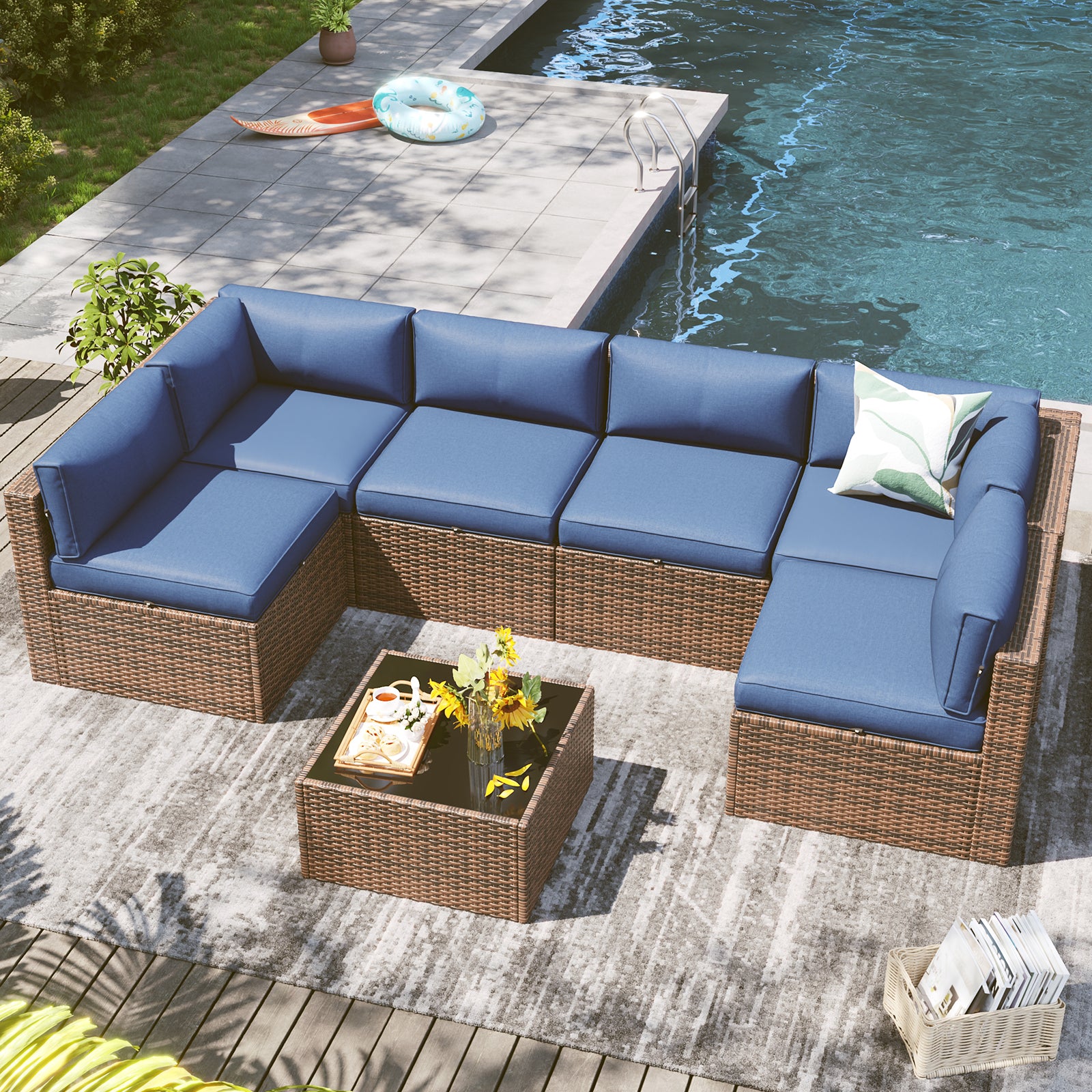 LazySunsets 7 Piece Outdoor Patio Furniture Set with Coffee Table, Outdoor Patio Furniture Sets with Waterproof Cover, Wicker Rattan Outdoor Conversation Set for Backyard & Garden, Beige