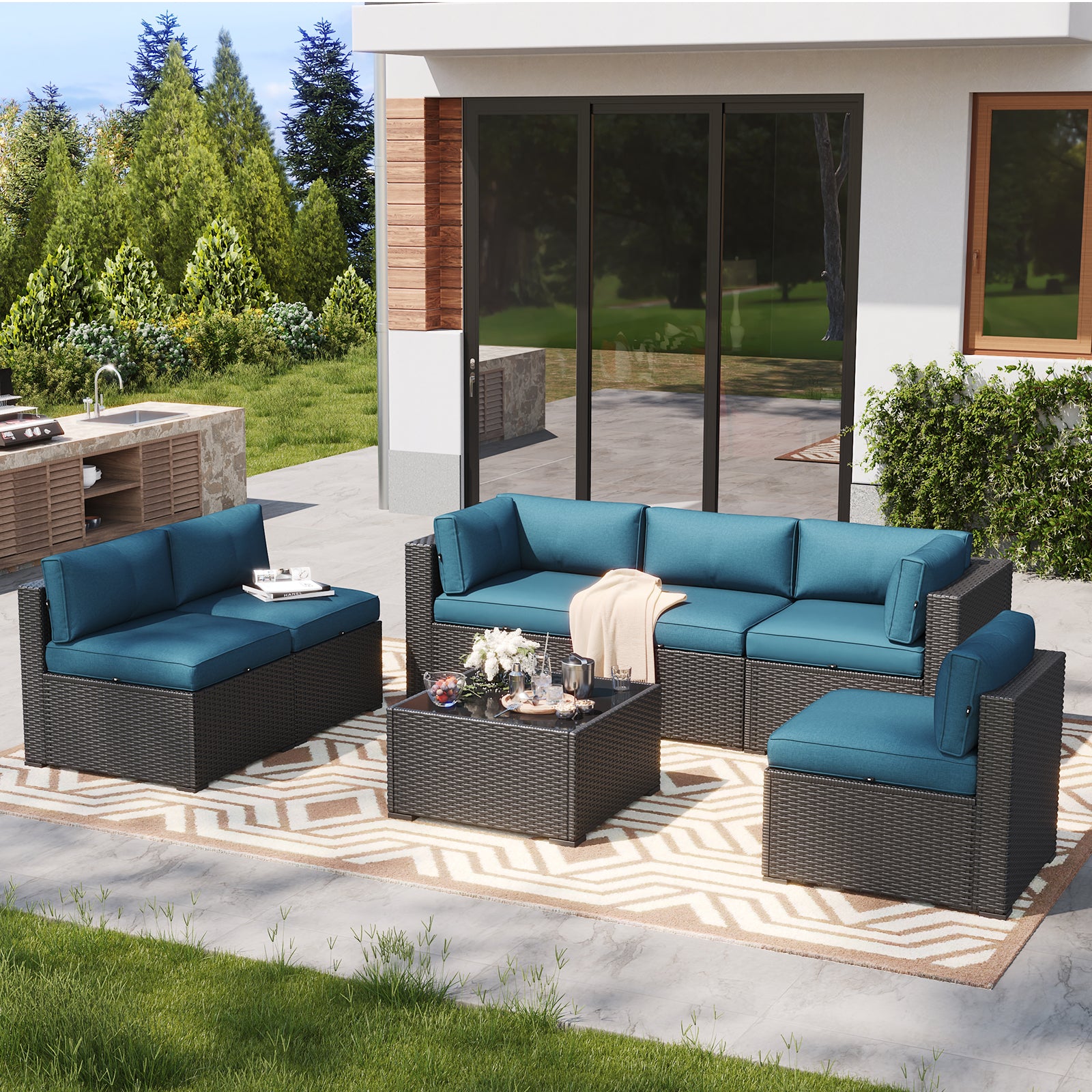 LazySunsets 7 Piece Outdoor Patio Furniture Set with Coffee Table, Outdoor Patio Furniture Sets with Waterproof Cover, Wicker Rattan Outdoor Conversation Set for Backyard & Garden, Beige