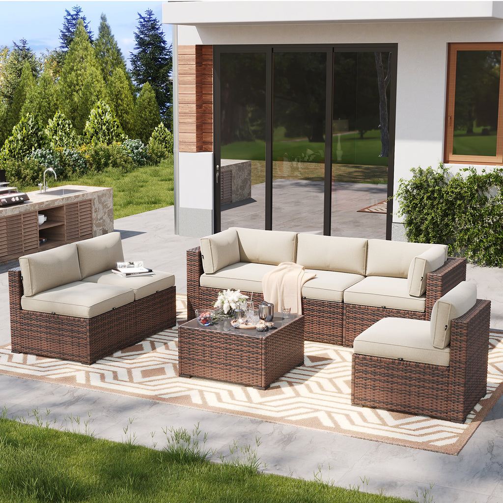LazySunsets 7 Piece Outdoor Patio Furniture Set with Coffee Table, Outdoor Patio Furniture Sets with Waterproof Cover, Wicker Rattan Outdoor Conversation Set for Backyard & Garden, Beige