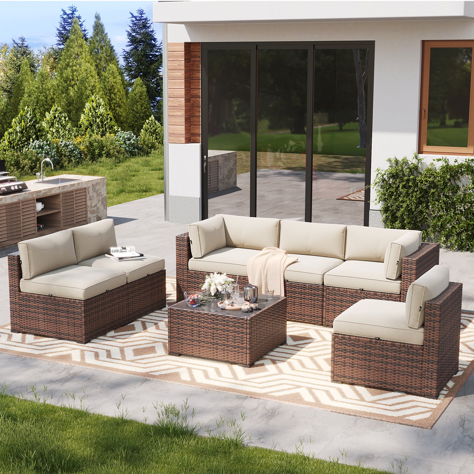 LazySunsets 7 Piece Outdoor Patio Furniture Set with Coffee Table, Outdoor Patio Furniture Sets with Waterproof Cover, Wicker Rattan Outdoor Conversation Set for Backyard & Garden, Beige