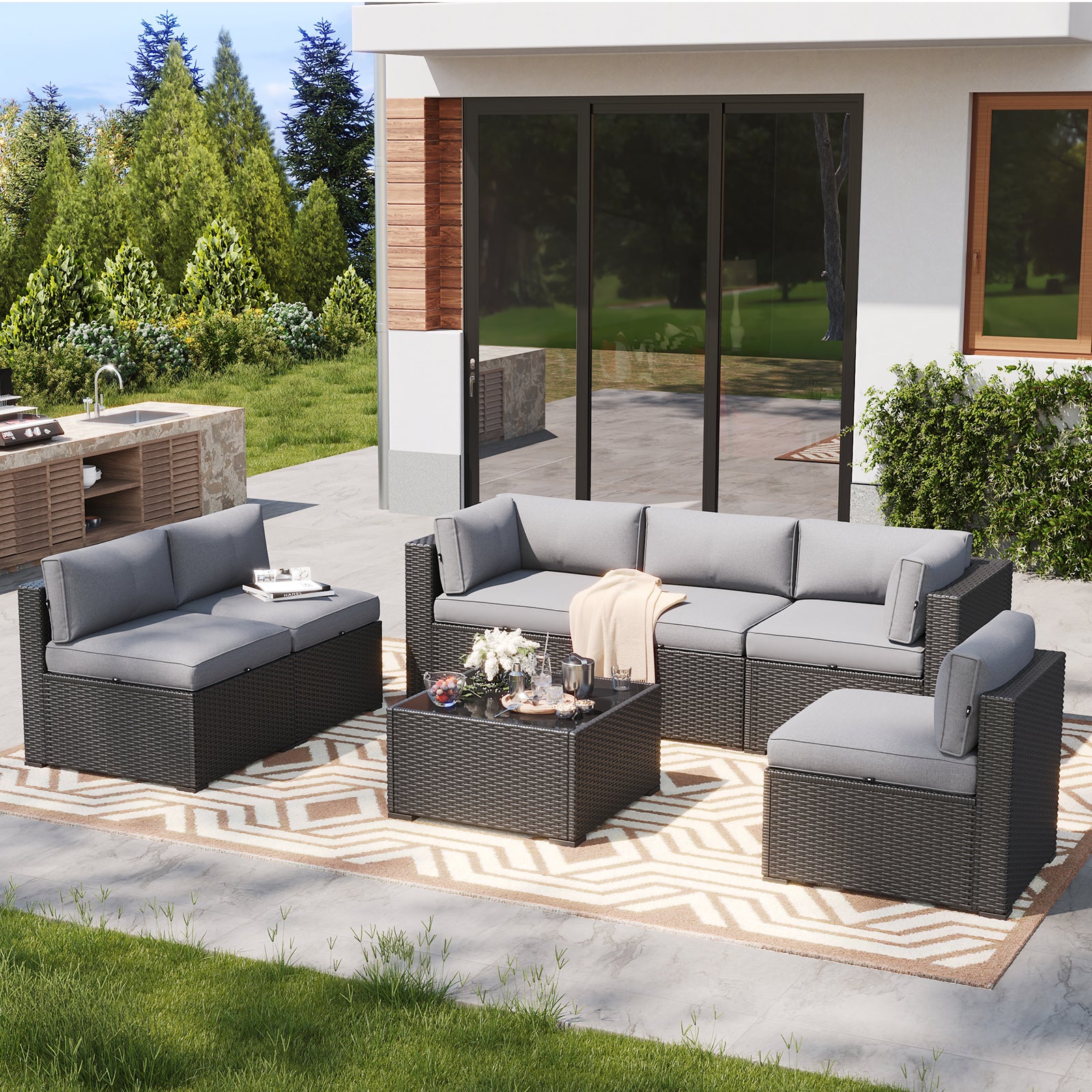 LazySunsets 7 Piece Outdoor Patio Furniture Set with Coffee Table, Outdoor Patio Furniture Sets with Waterproof Cover, Wicker Rattan Outdoor Conversation Set for Backyard & Garden, Beige