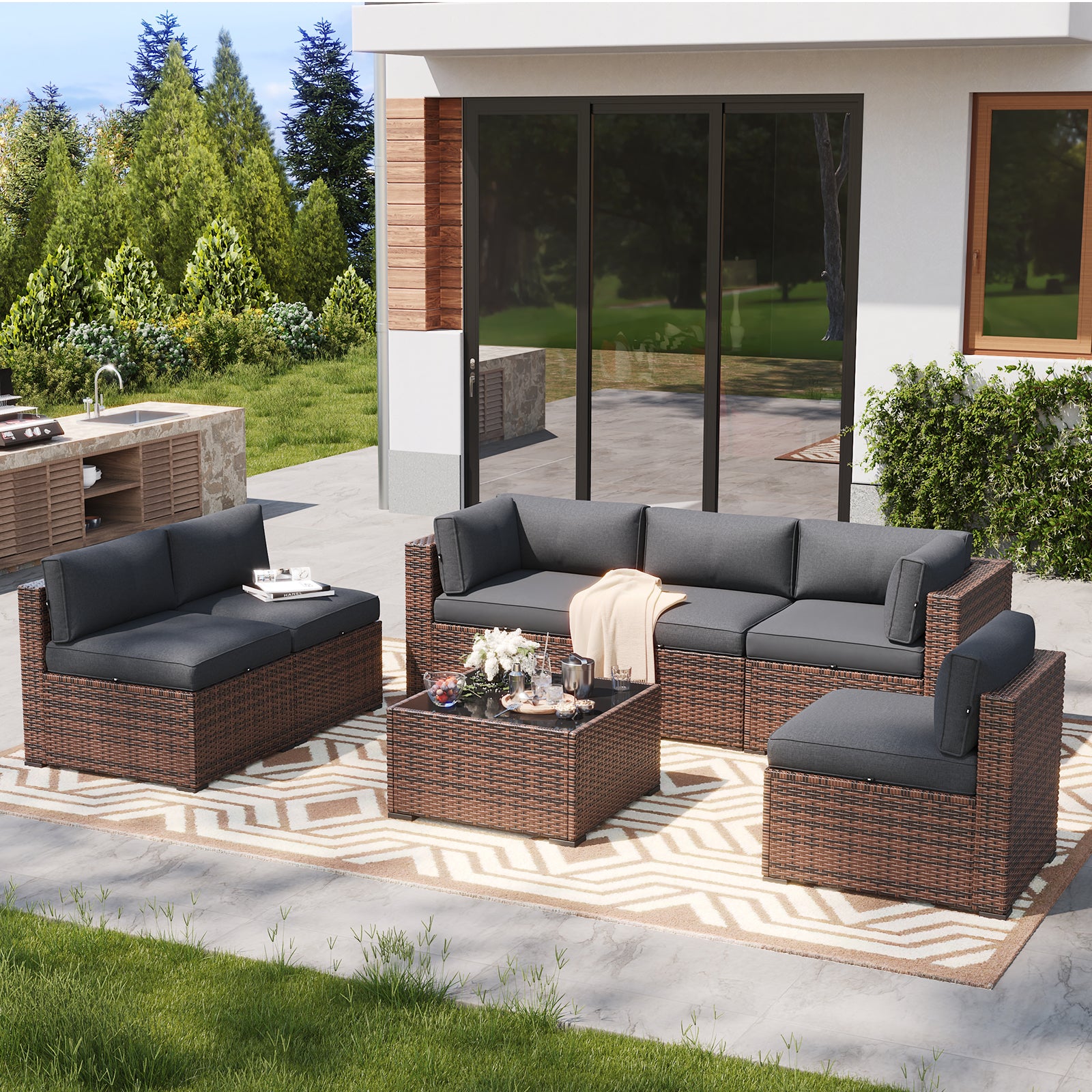 LazySunsets 7 Piece Outdoor Patio Furniture Set with Coffee Table, Outdoor Patio Furniture Sets with Waterproof Cover, Wicker Rattan Outdoor Conversation Set for Backyard & Garden, Beige