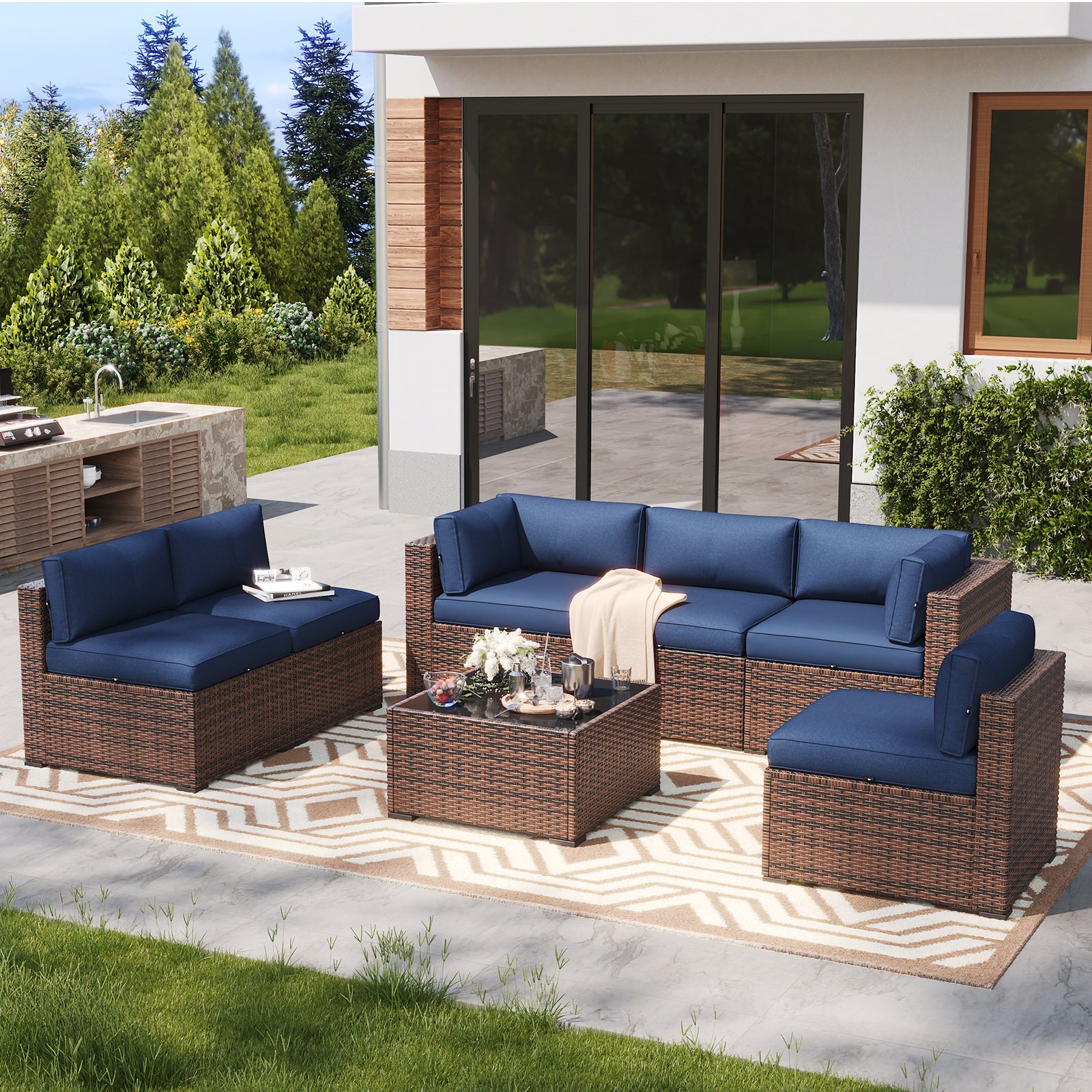LazySunsets 7 Piece Outdoor Patio Furniture Set with Coffee Table, Outdoor Patio Furniture Sets with Waterproof Cover, Wicker Rattan Outdoor Conversation Set for Backyard & Garden, Beige