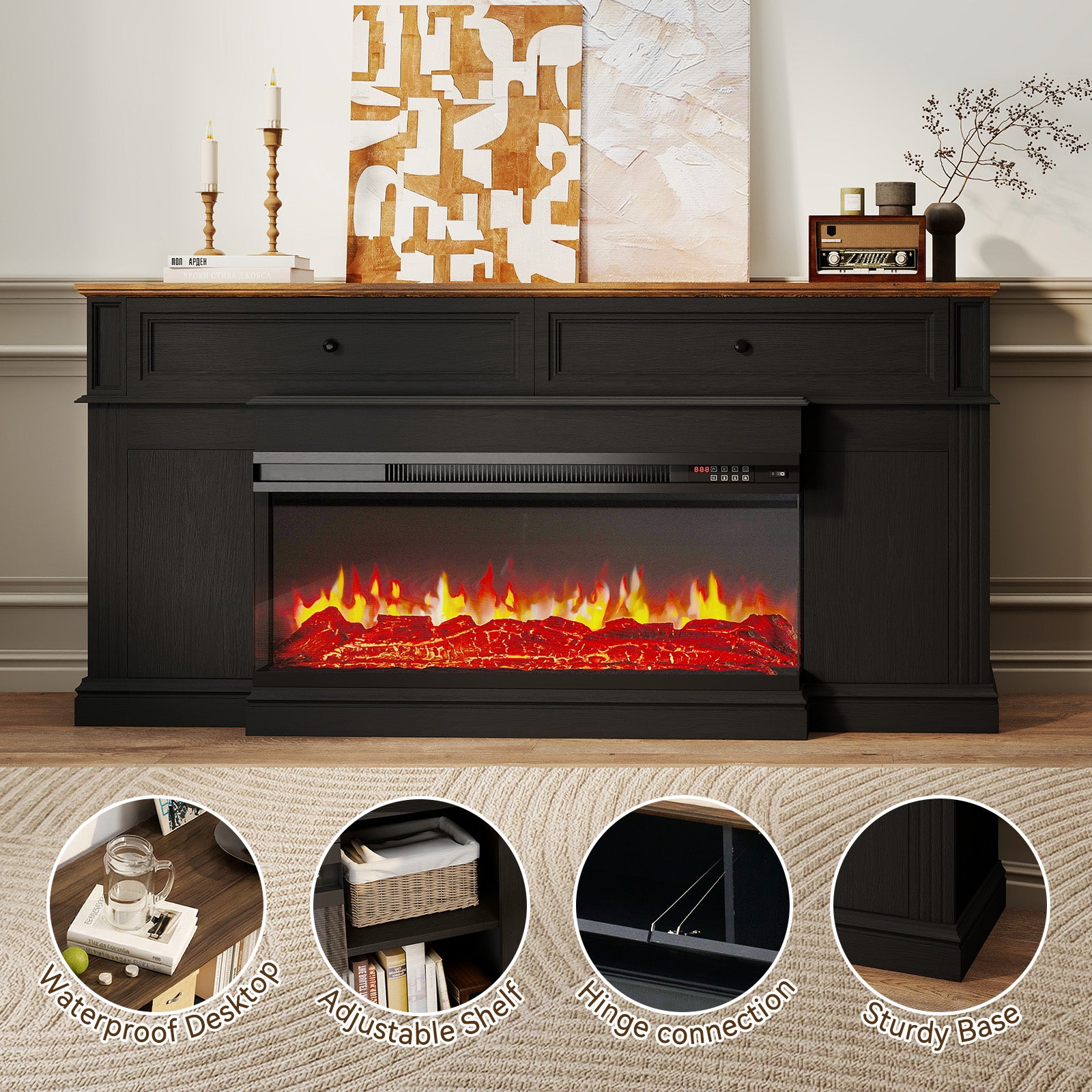Breezestival Electric Fireplace TV Stand with 3-Sided Fireplace, 63" Entertainment Center for TVs up to 70", Modern Media Console with Large Storage, Black