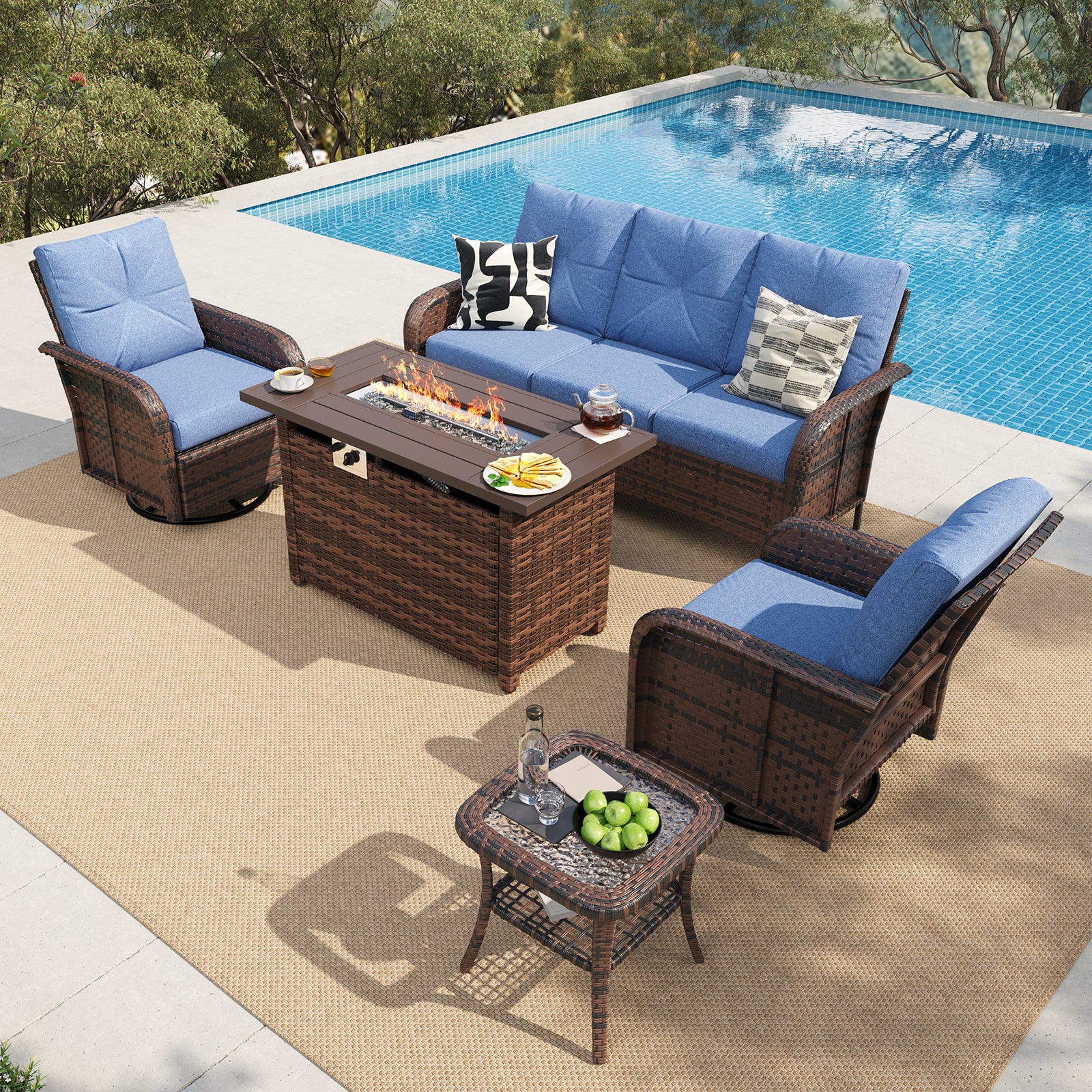 LazySunsets 7 Piece Outdoor Patio Furniture Set with Coffee Table, Wicker Rattan Outdoor Furniture with High Back Swivel Rocker Chairs, Outdoor Conversation Sets with Thick Cushions & Ottoman