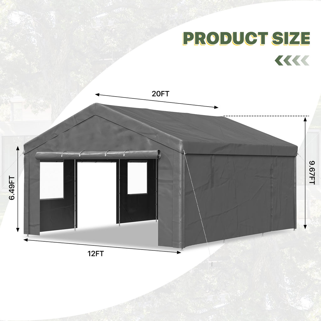 Aoxun Carport 12X20 ft Heavy Duty Carport with Roll-up Windows, Portable Garage Car Canopy with Removable Sidewalls & Doors for Car, Truck, SUV, Boat, Grey