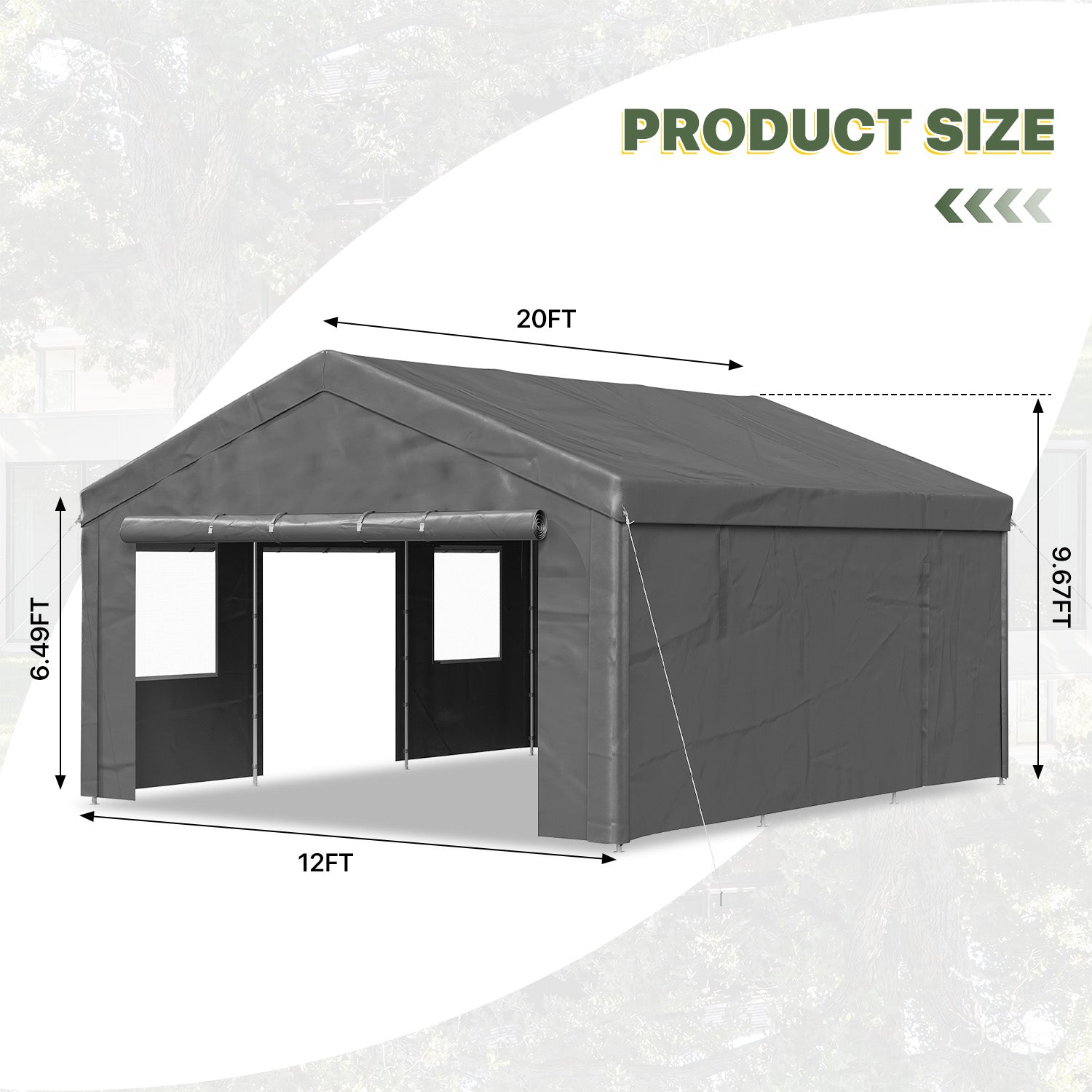 Aoxun Carport 12X20 ft Heavy Duty Carport with Roll-up Windows, Portable Garage Car Canopy with Removable Sidewalls & Doors for Car, Truck, SUV, Boat, Grey