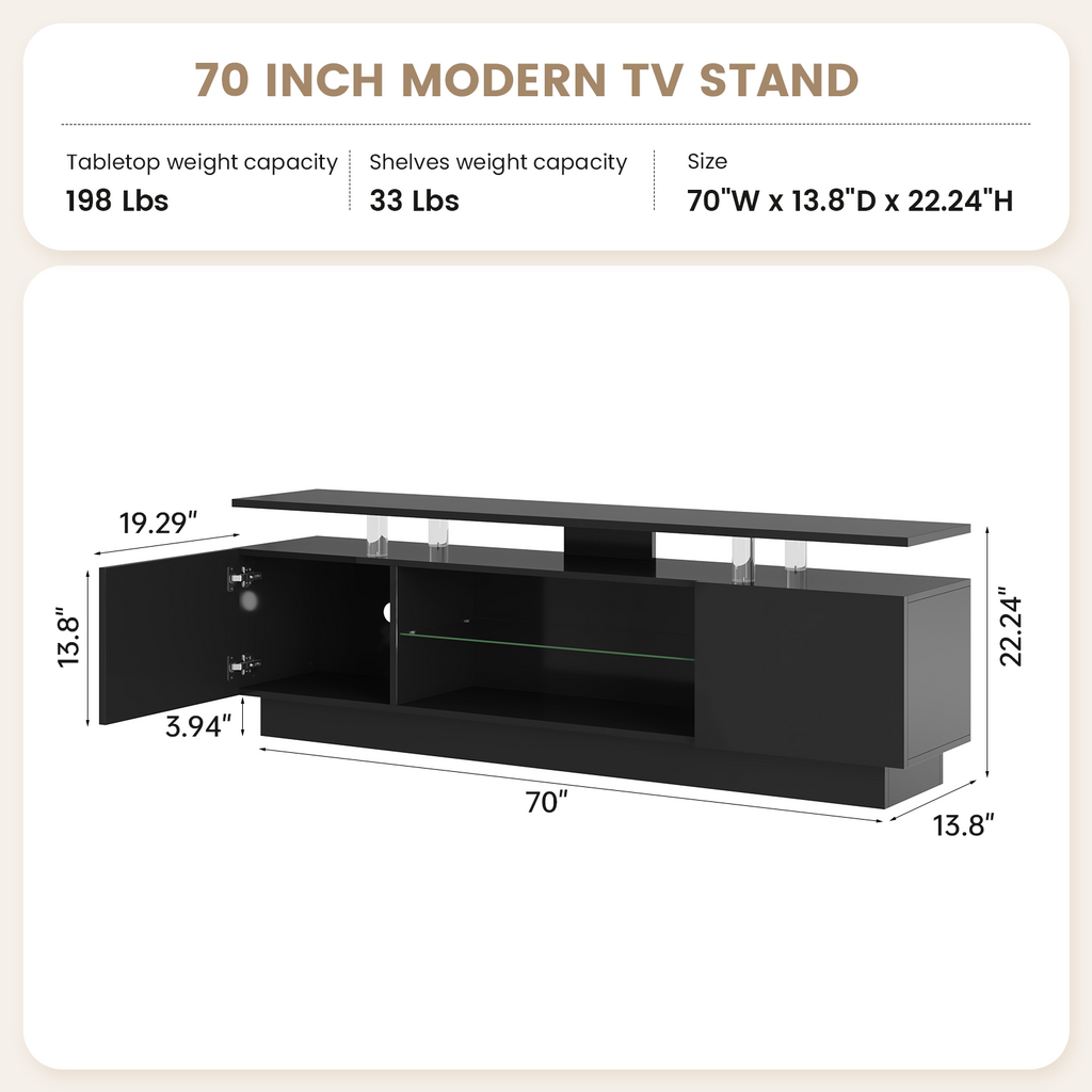 Nordivale 70” High-Glossy TV Stand with 2 Side Cabinets, Modern Stylish TV Console with 3 Layer LED Lights,Gaming TV Media Console with Adjustable Glass Shelf, Remote&APP Control, Black