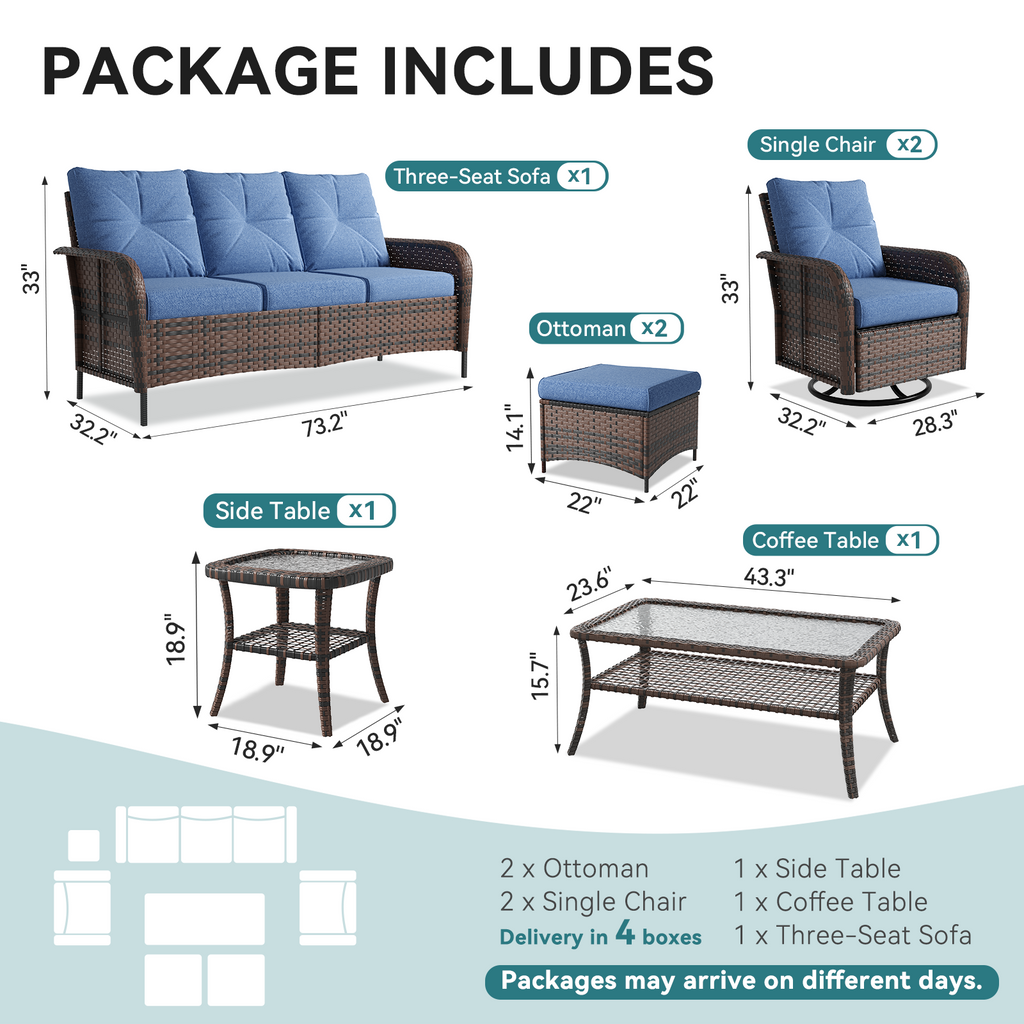 LazySunsets 7 Piece Outdoor Patio Furniture Set with Coffee Table, Wicker Rattan Outdoor Furniture with High Back Swivel Rocker Chairs, Outdoor Conversation Sets with Thick Cushions & Ottoman