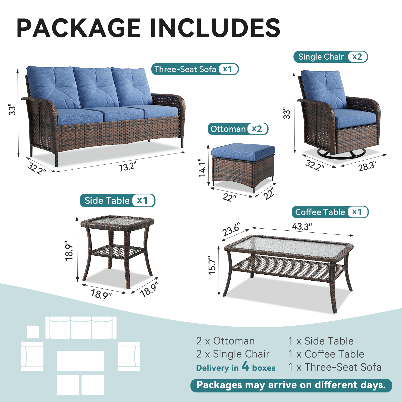 LazySunsets 7 Piece Outdoor Patio Furniture Set with Coffee Table, Wicker Rattan Outdoor Furniture with High Back Swivel Rocker Chairs, Outdoor Conversation Sets with Thick Cushions & Ottoman