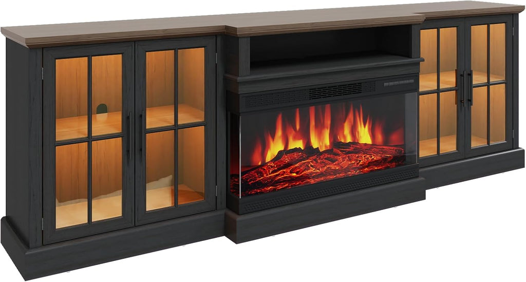 Breezestival 98" Farmhouse TV Stand with 36" Fireplace for Living Room,Media Entertainment Center with Adjustable Shelves and Large Storage Cabinets, TVs up to 100", Black