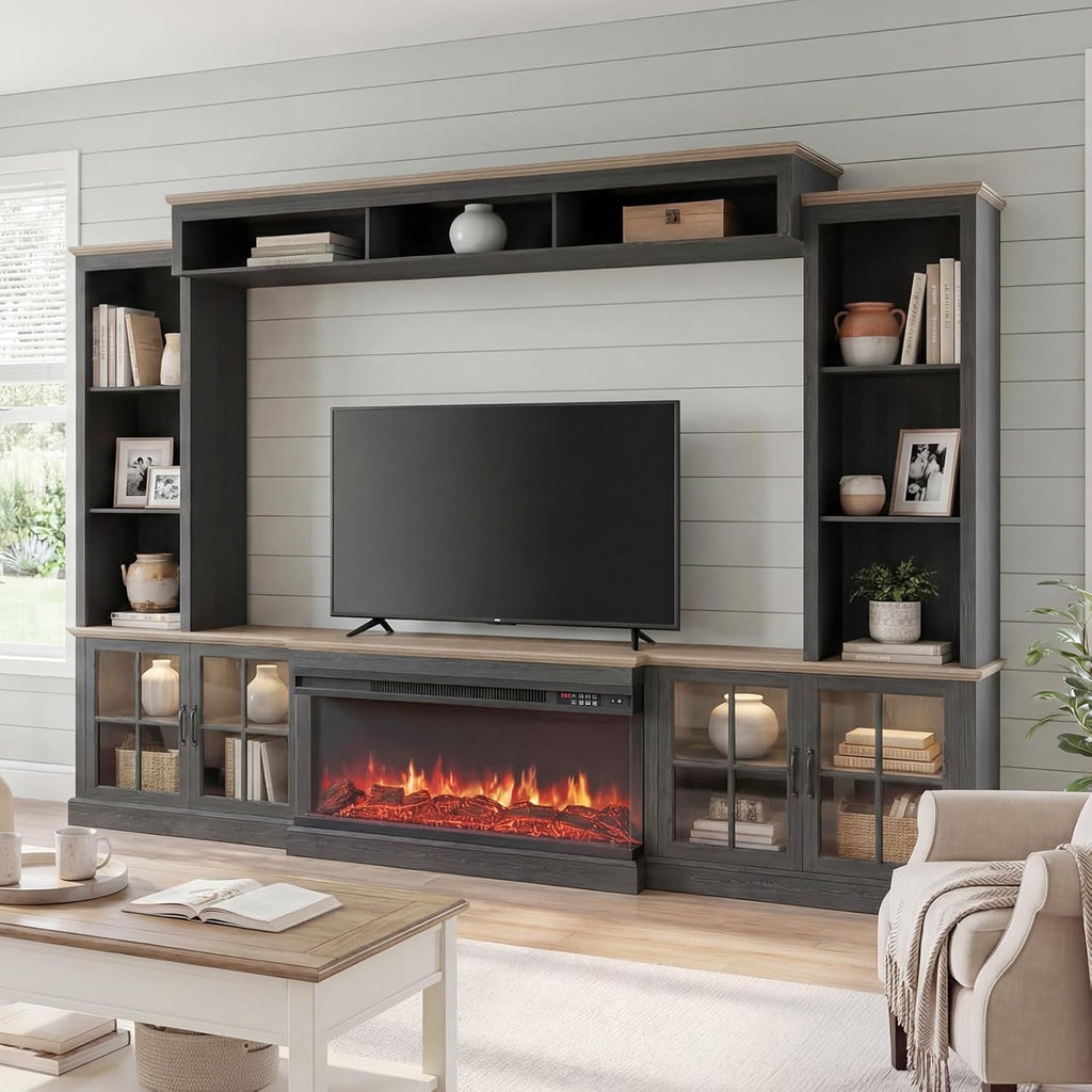Breezestival Black Farmhouse TV Stand with Fireplace, Entertainment Center, 98" Wall Unit Media Console with Bookshelf, Cabinet &amp; Power Outlets &amp; Barn Doors, Fits TVs Up to 75” for Living Room