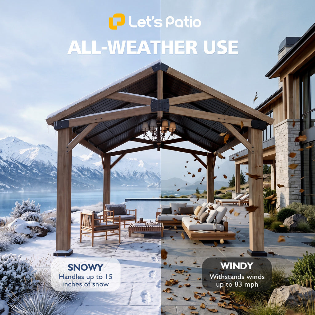 Wood Gazebo 12x16 Hardtop Gazebo with Gable Roof & Power Outlet Cedar Wood Permanent Pavilion with 4.7" Thickened Posts & Sturdy Hooks, Heavy Duty Outdoor Gazebo for Backyard, Garden, Deck