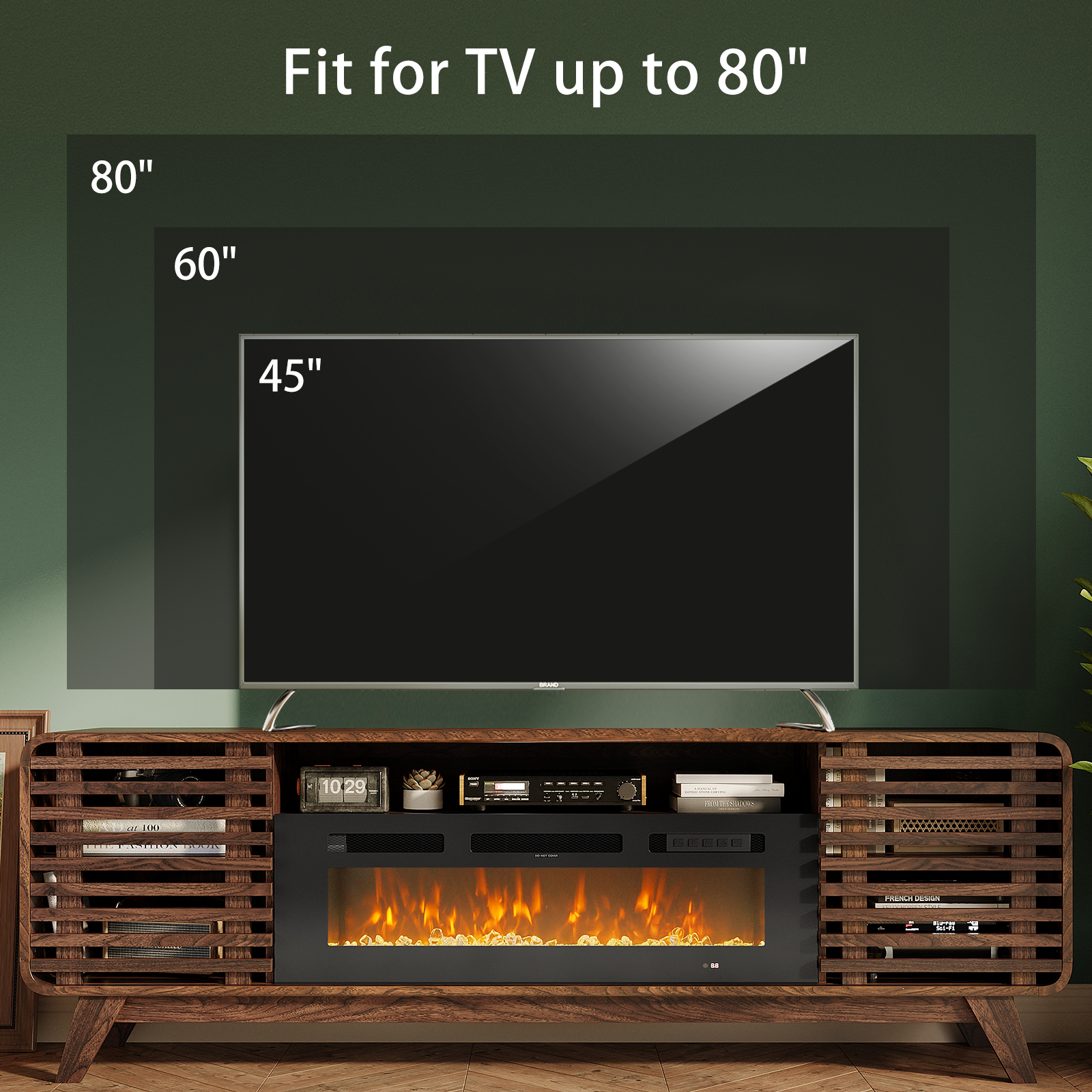 Fireplace TV Stand for 80” TVs, Mid Century Modern Entertainment Center with 36" Electric Fireplace and Led Lights, Wood Media Console with Slatted Sliding Doors, for Living Room, Walnut