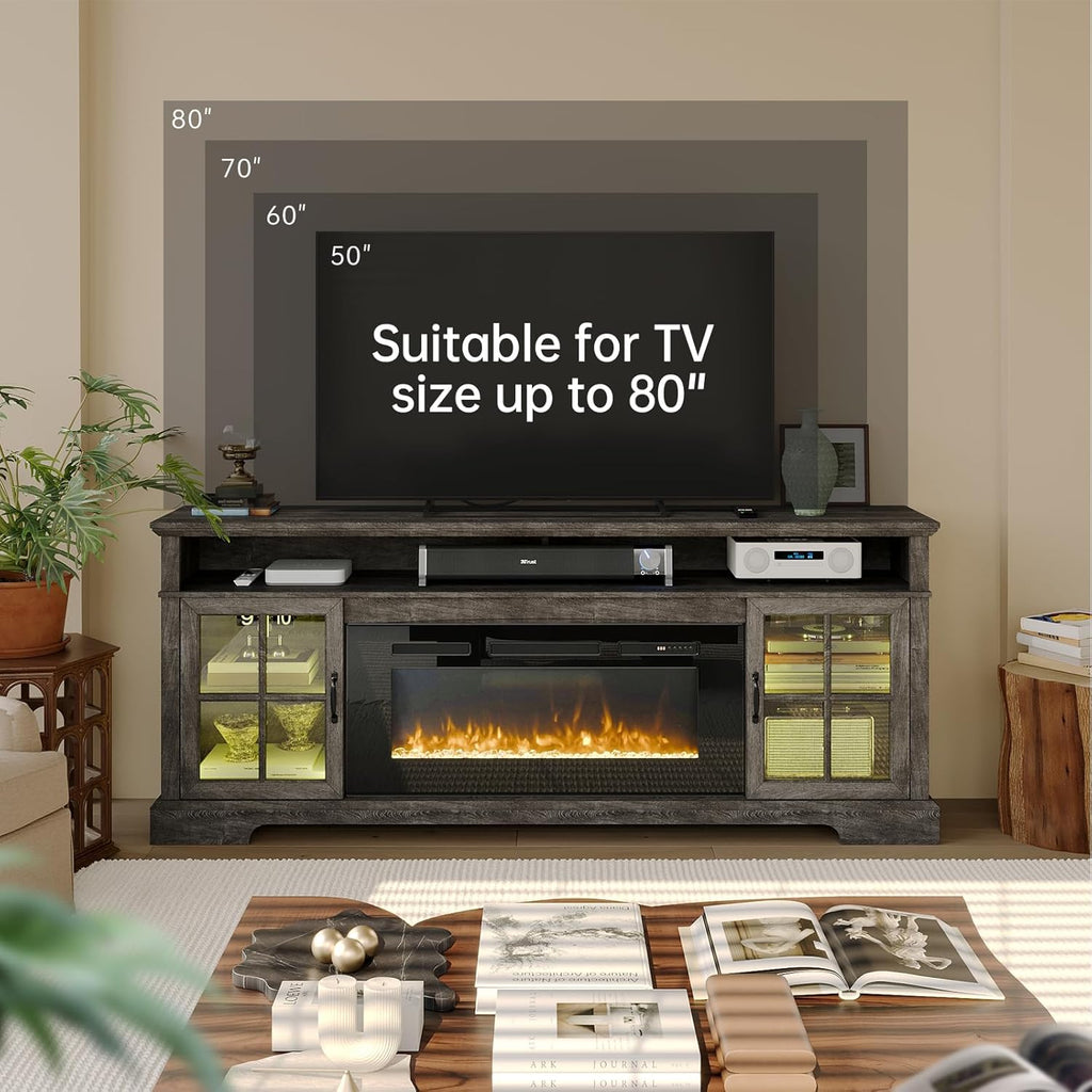 Nordivale 70" Fireplace TV Stand, Modern Entertainment Center for TVs Up to 80”, TV Console with Storage Cabinets, Media Console for Living Room, Gray...