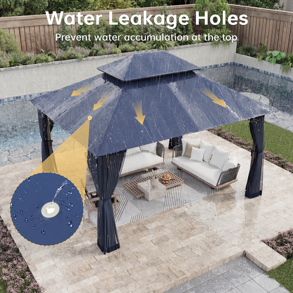 Aoxun 12x10 Gazebo with Double Roof & Mosquito Netting Outdoor Heavy-Duty Party Tent, Patio Tent with Zipper Screens - Backyard Garden Lawn Shelter Includes Wind Ropes Expansion Bolts, Blue