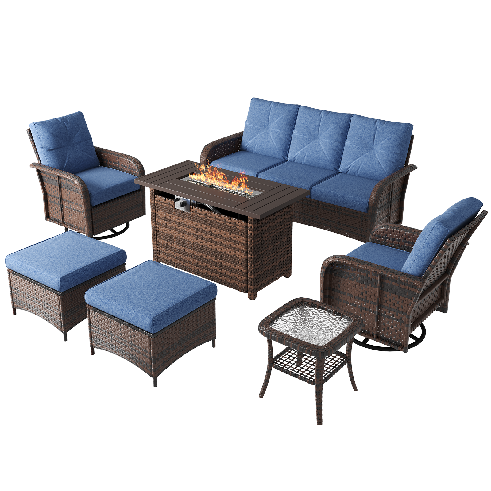 LazySunsets 7 Piece Outdoor Patio Furniture Set with Coffee Table, Wicker Rattan Outdoor Furniture with High Back Swivel Rocker Chairs, Outdoor Conversation Sets with Thick Cushions & Ottoman