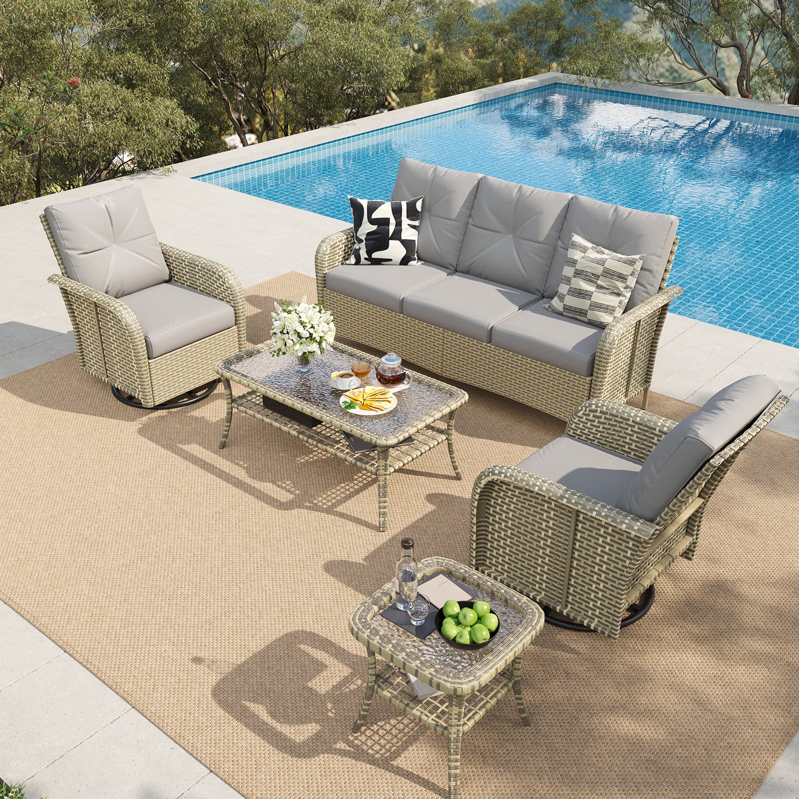 LazySunsets 7 Piece Outdoor Patio Furniture Set with Coffee Table, Wicker Rattan Outdoor Furniture with High Back Swivel Rocker Chairs, Outdoor Conversation Sets with Thick Cushions & Ottoman
