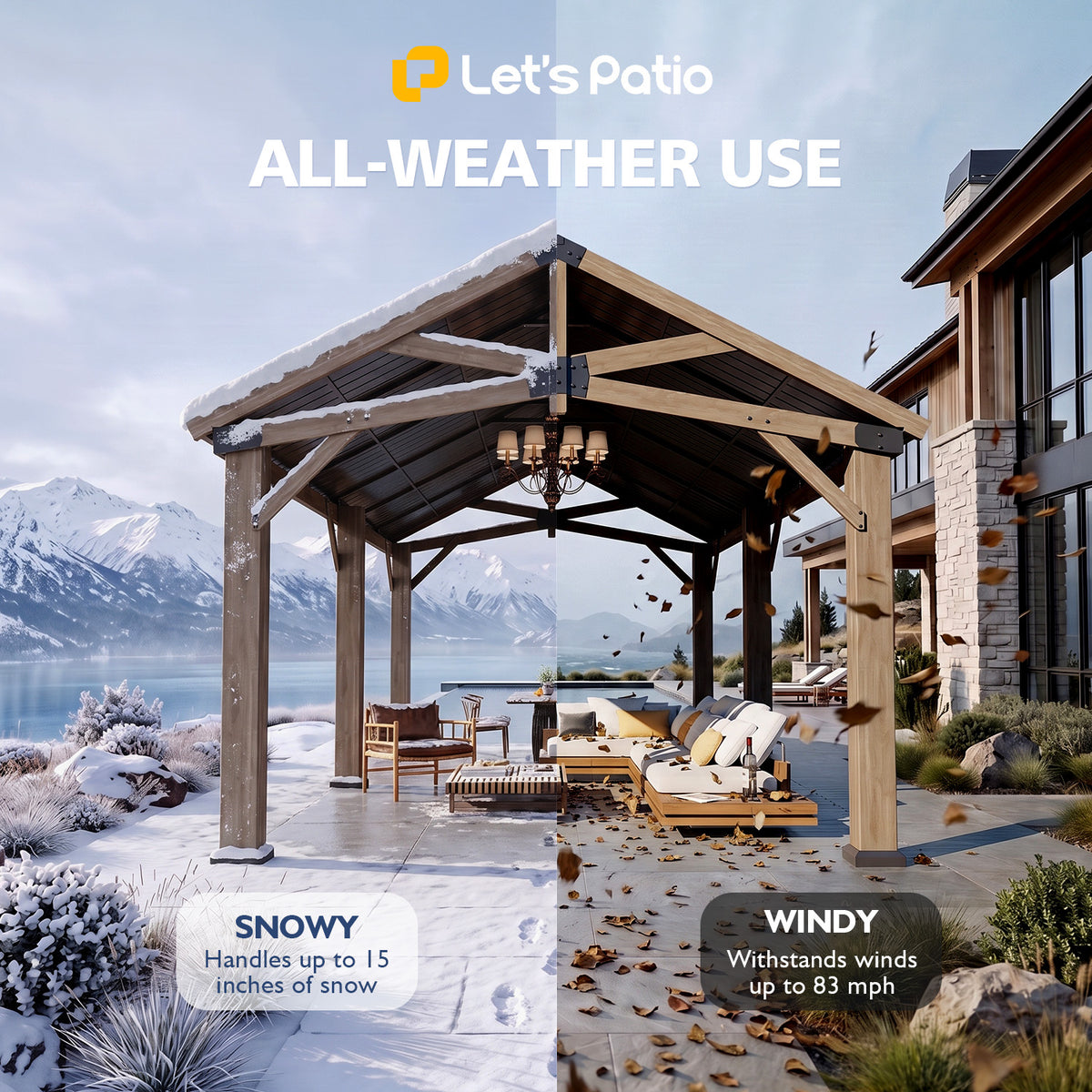 LET'S PATIO Wood Gazebo 12x20 Hardtop Gazebo with Gable Roof & Power Outlet Cedar Wood Permanent Pavilion with 4.7" Thickened Posts & Sturdy Hooks, Heavy Duty Outdoor Gazebo for Backyard, Garden, Deck