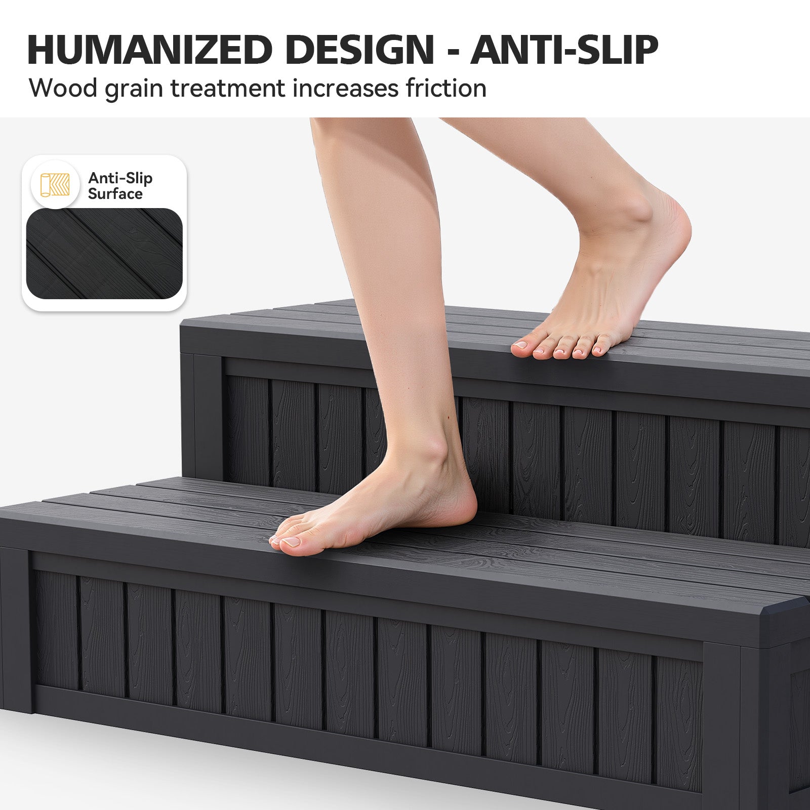 SunSwell Universal Hot Tub Steps Outdoor Spa Stairs with Storage Compartment, Non-Slip Sturdy Waterproof Heavy Duty Porch Step, Wood Looking Indoor Outdoor Use, 600LBS Weight Capacity