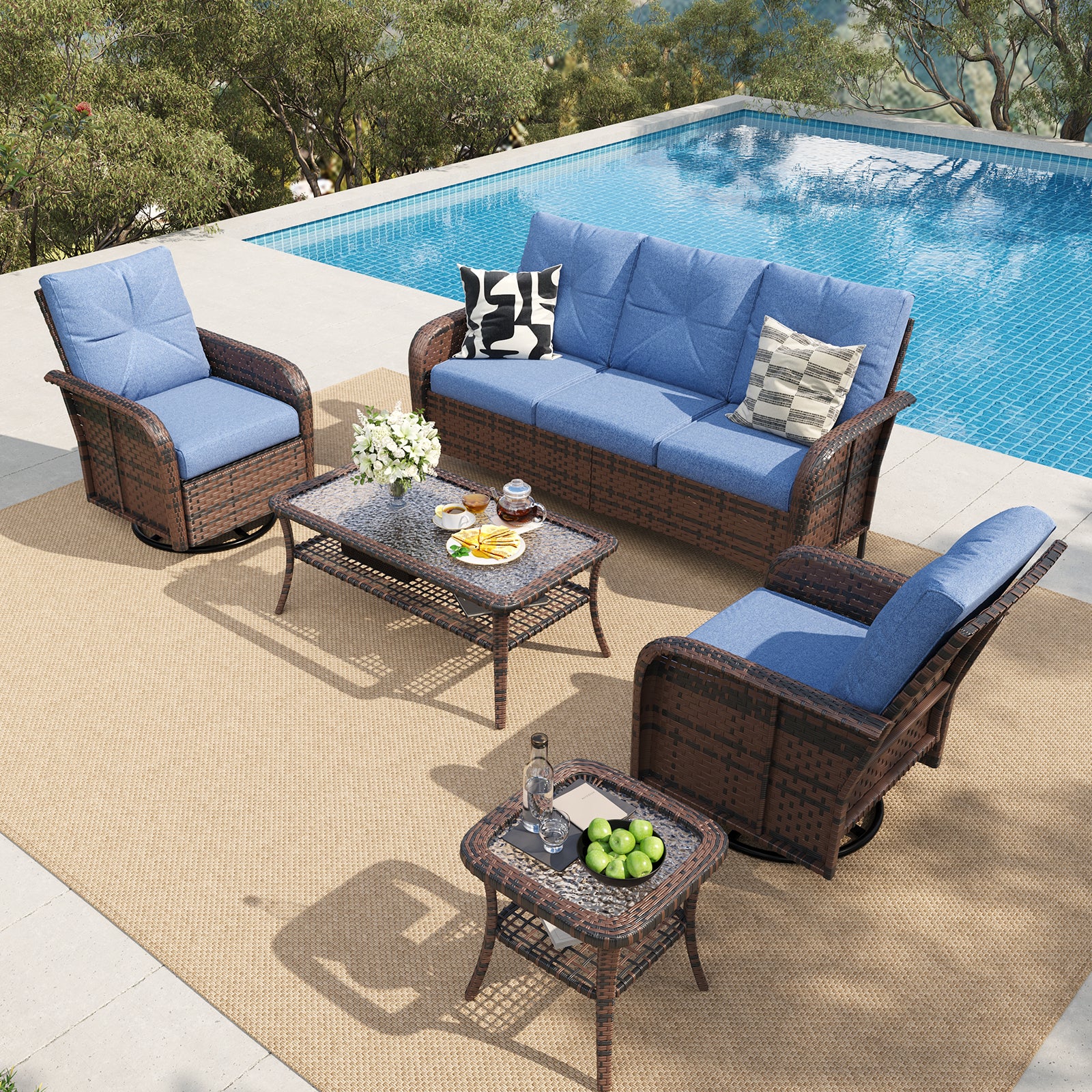 LazySunsets 7 Piece Outdoor Patio Furniture Set with Coffee Table, Wicker Rattan Outdoor Furniture with High Back Swivel Rocker Chairs, Outdoor Conversation Sets with Thick Cushions & Ottoman