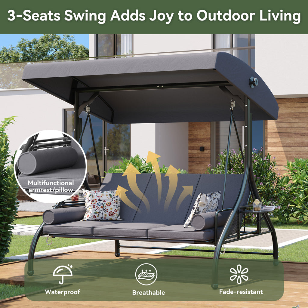 Aoxun Outdoor Porch Swing with Stand and Canopy, 3 Seats Outdoor Swings for Adults, Convertible 2 in 1 Swing Bed with Cup Holder, Patio Swings with Thicken Cushions for Garden, Yard & Balcony