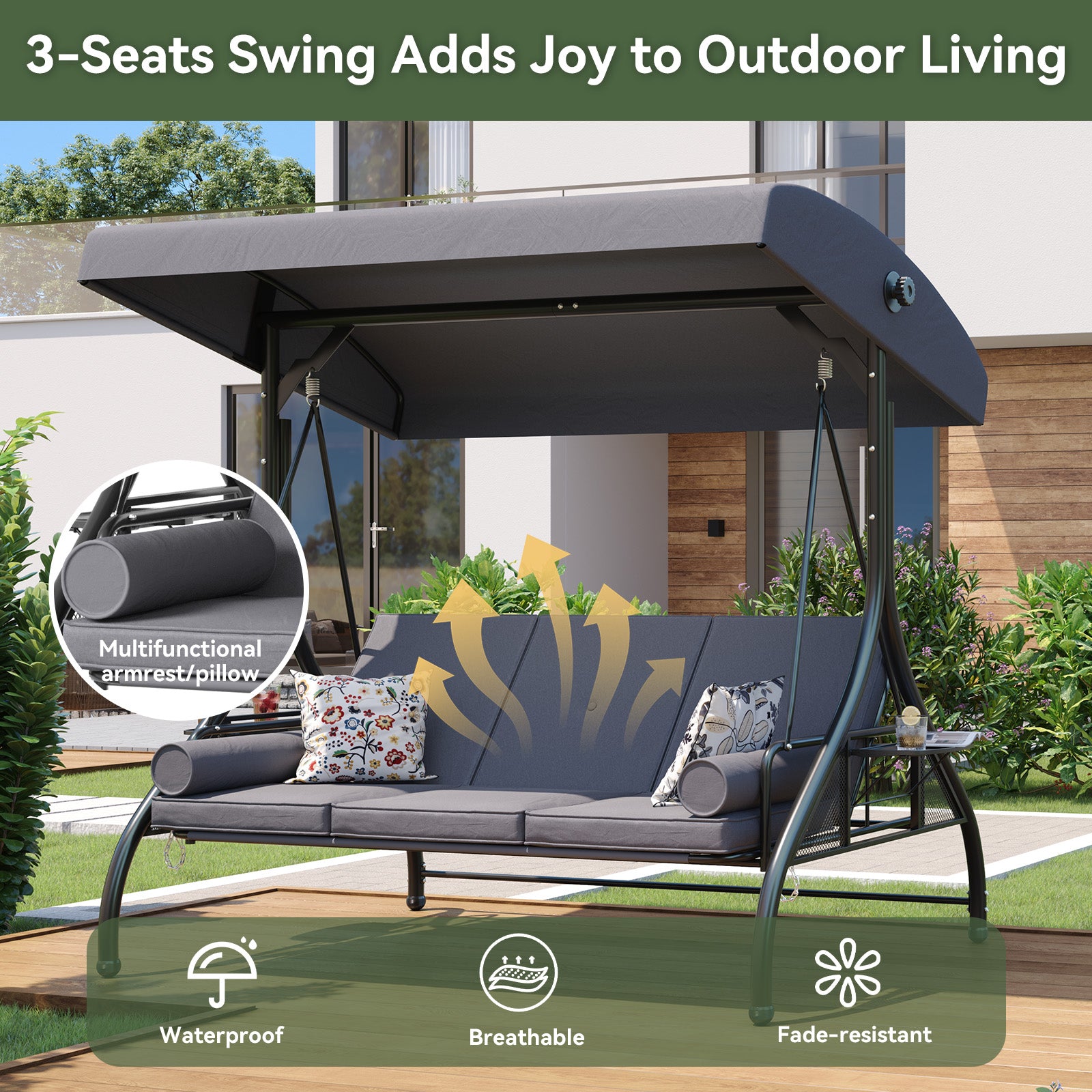 Aoxun Outdoor Porch Swing with Stand and Canopy, 3 Seats Outdoor Swings for Adults, Convertible 2 in 1 Swing Bed with Cup Holder, Patio Swings with Thicken Cushions for Garden, Yard & Balcony