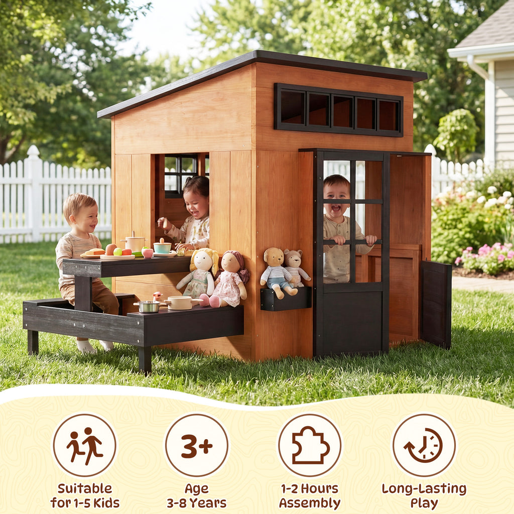 SunSwell Outdoor Playhouse - Modern Fir Wooden Playhouse for Kids Outdoor with Play Kitchen, Outside Table, Chalkboard, Half Door, Windows, Flower Box, Indoor Outdoor Imaginative Play for Ages 3-8