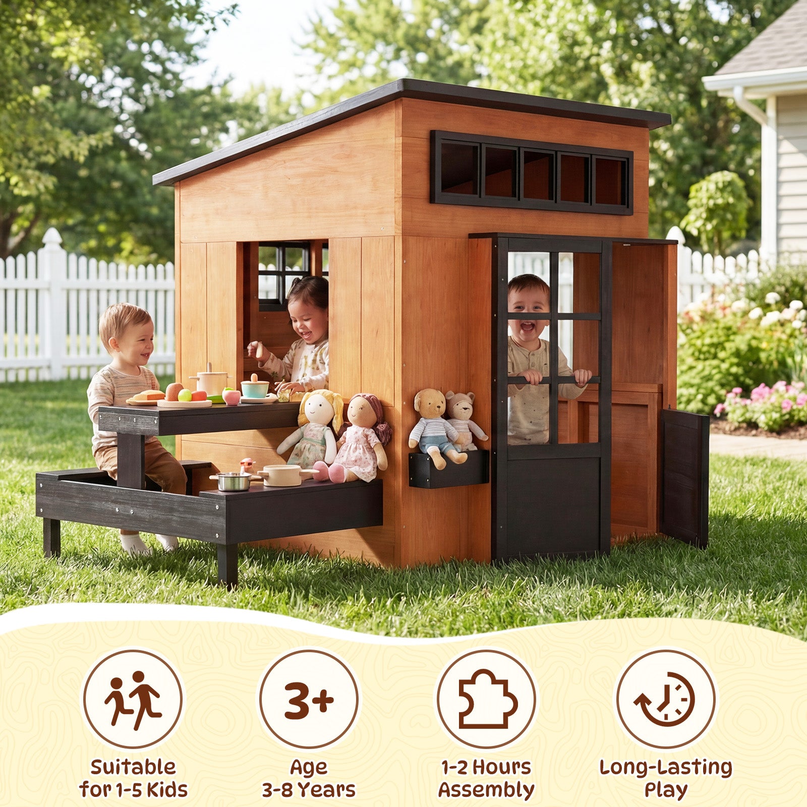 SunSwell Outdoor Playhouse - Modern Fir Wooden Playhouse for Kids Outdoor with Play Kitchen, Outside Table, Chalkboard, Half Door, Windows, Flower Box, Indoor Outdoor Imaginative Play for Ages 3-8