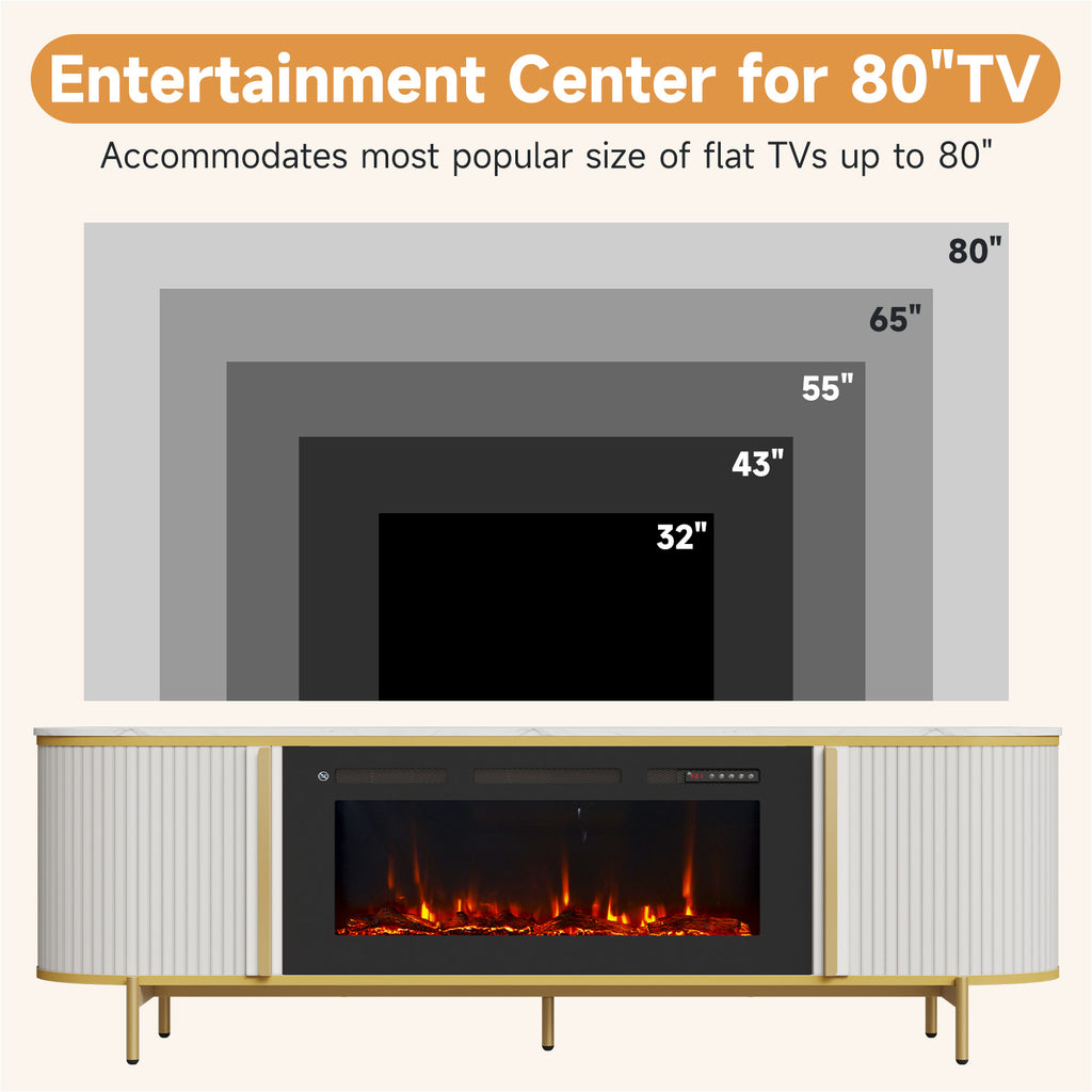 70" Fluted Fireplace TV Stand, Modern Entertainment Center for TVs Up to 80”, Farmhouse White TV Console for Living Room, White TV Stand and Black Fireplace