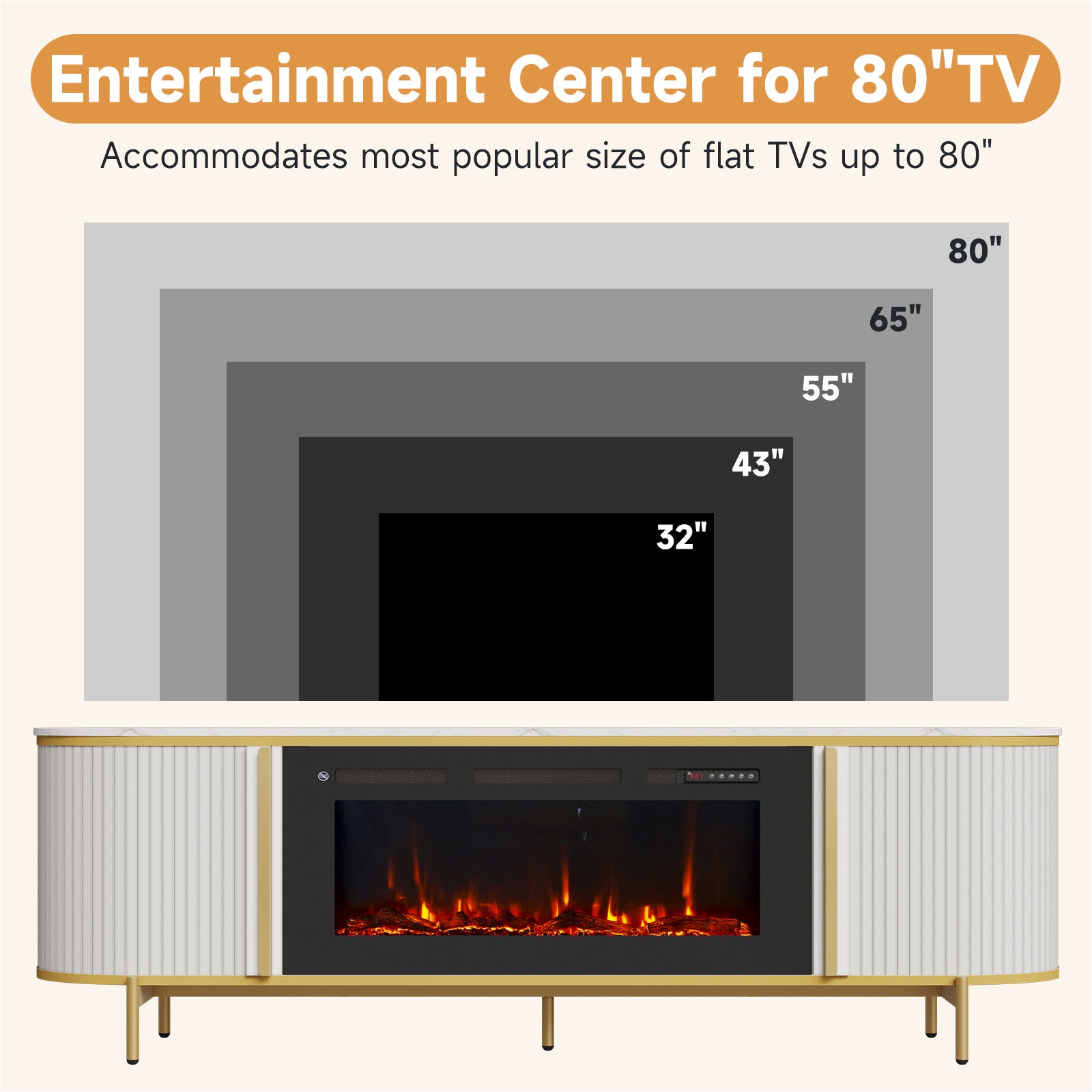 70" Fluted Fireplace TV Stand, Modern Entertainment Center for TVs Up to 80”, Farmhouse White TV Console for Living Room, White TV Stand and Black Fireplace