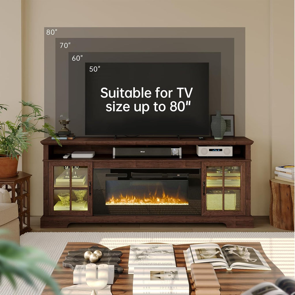Nordivale 70" Fireplace TV Stand, Modern Entertainment Center for TVs Up to 80”, TV Console with Storage Cabinets, Media Console for Living Room, Brown TV Stand and Black Fireplace