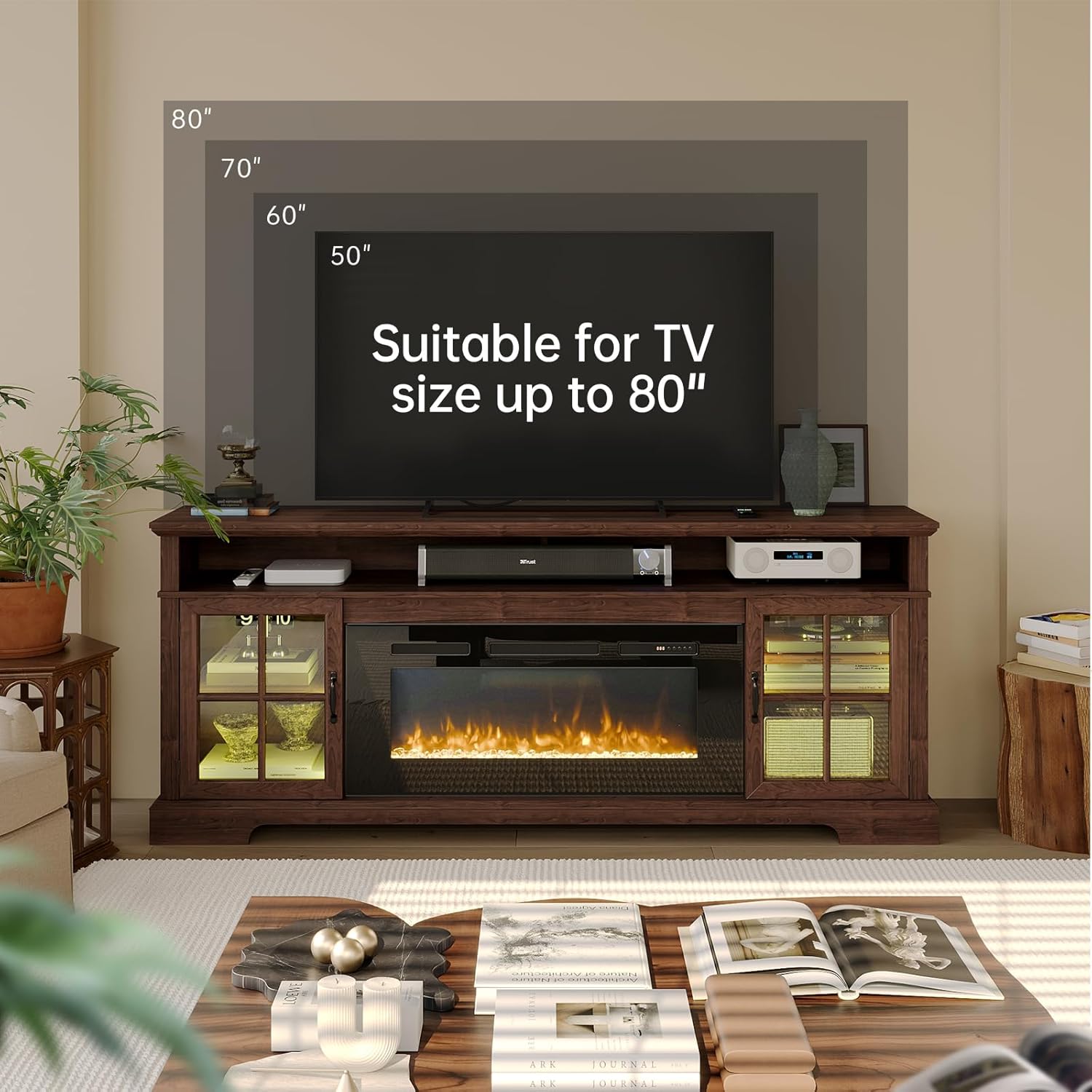 Nordivale 70" Fireplace TV Stand, Modern Entertainment Center for TVs Up to 80”, TV Console with Storage Cabinets, Media Console for Living Room, Brown TV Stand and Black Fireplace