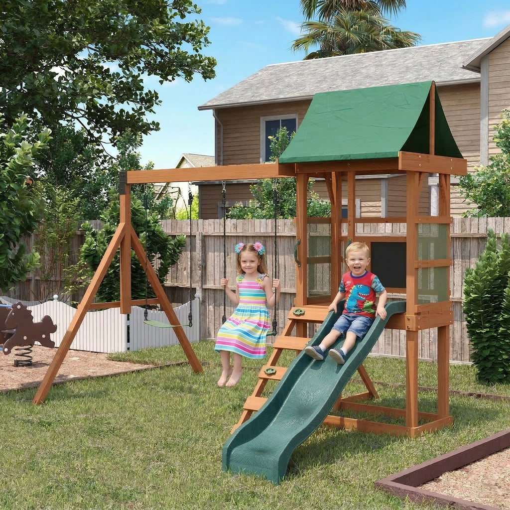 Wooden Swing Sets for Backyard - Playground Sets for Backyards, Kids Outdoor Playset with 6 FT Wave Slide, Play Deck, Rock Wall Ladder, 2 Belt Swings, Chalkboard, Canopy Roof, Green