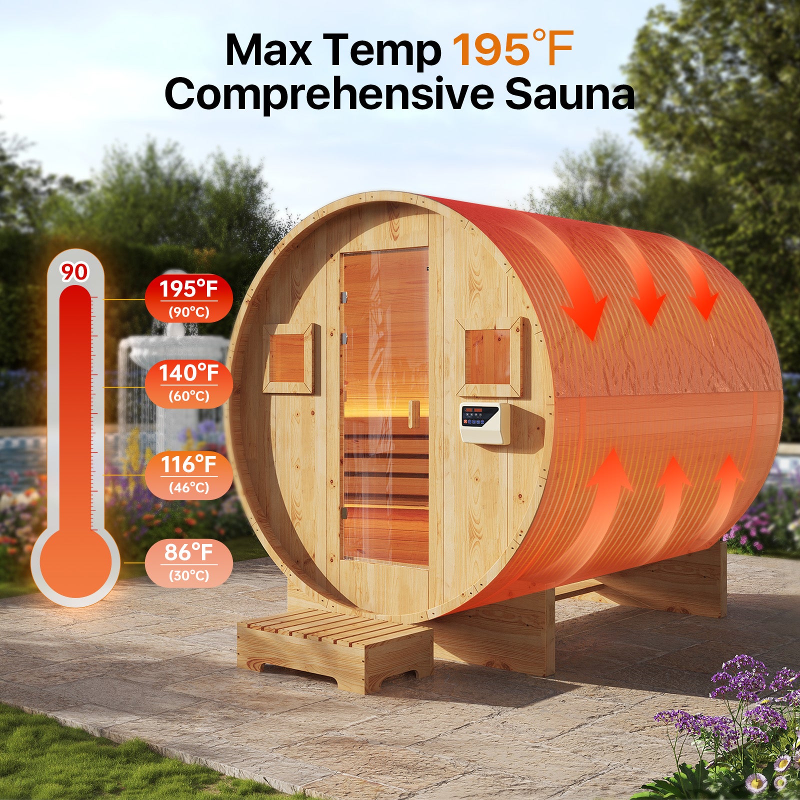 Aoxun Outdoor Barrel Sauna, 4-6 Person Tradition Wood Dry＆Steam Sauna with Sauna Stone, 220V/6KW Electric Heater