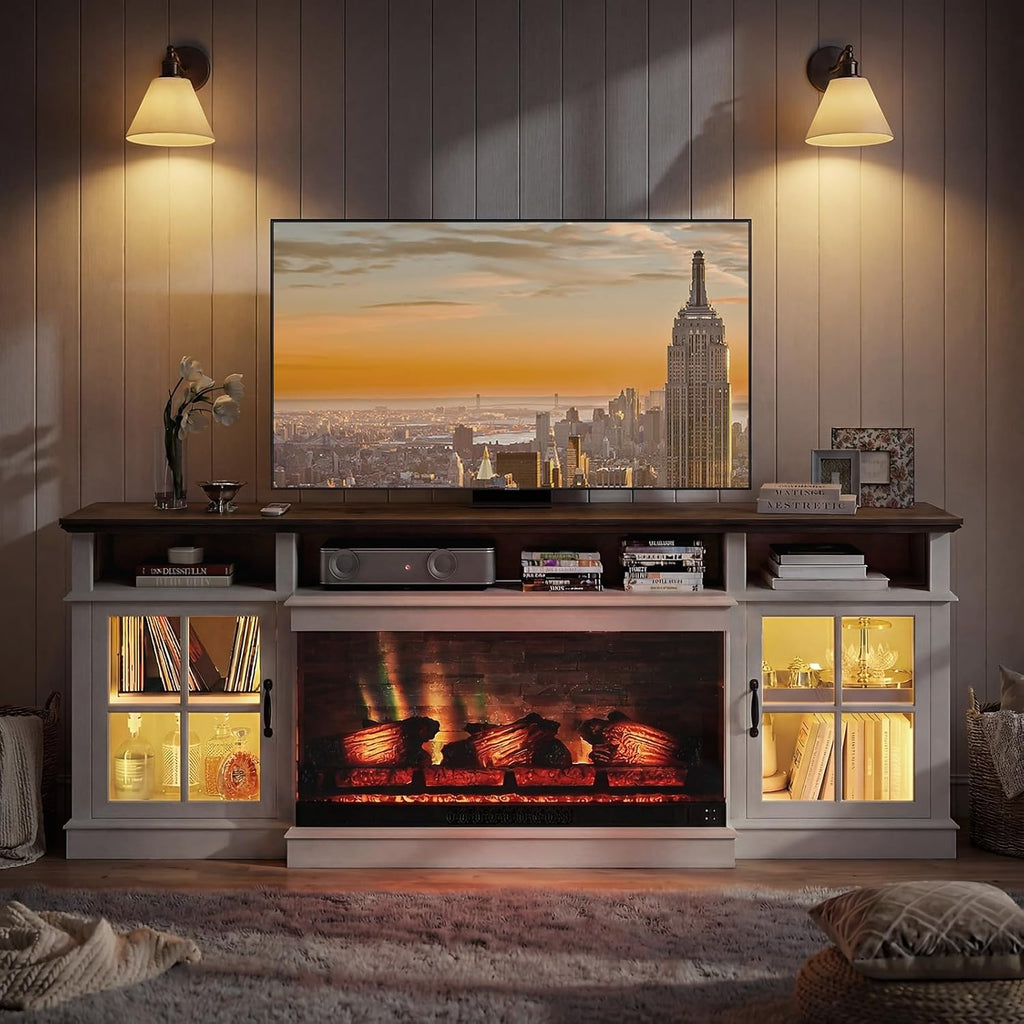 Breezestival 70" Fireplace TV Stand, Farmhouse TV Stand for TVs up to 80” with LED Lights, Media Entertainment Center with Glass Door for Living Room, White