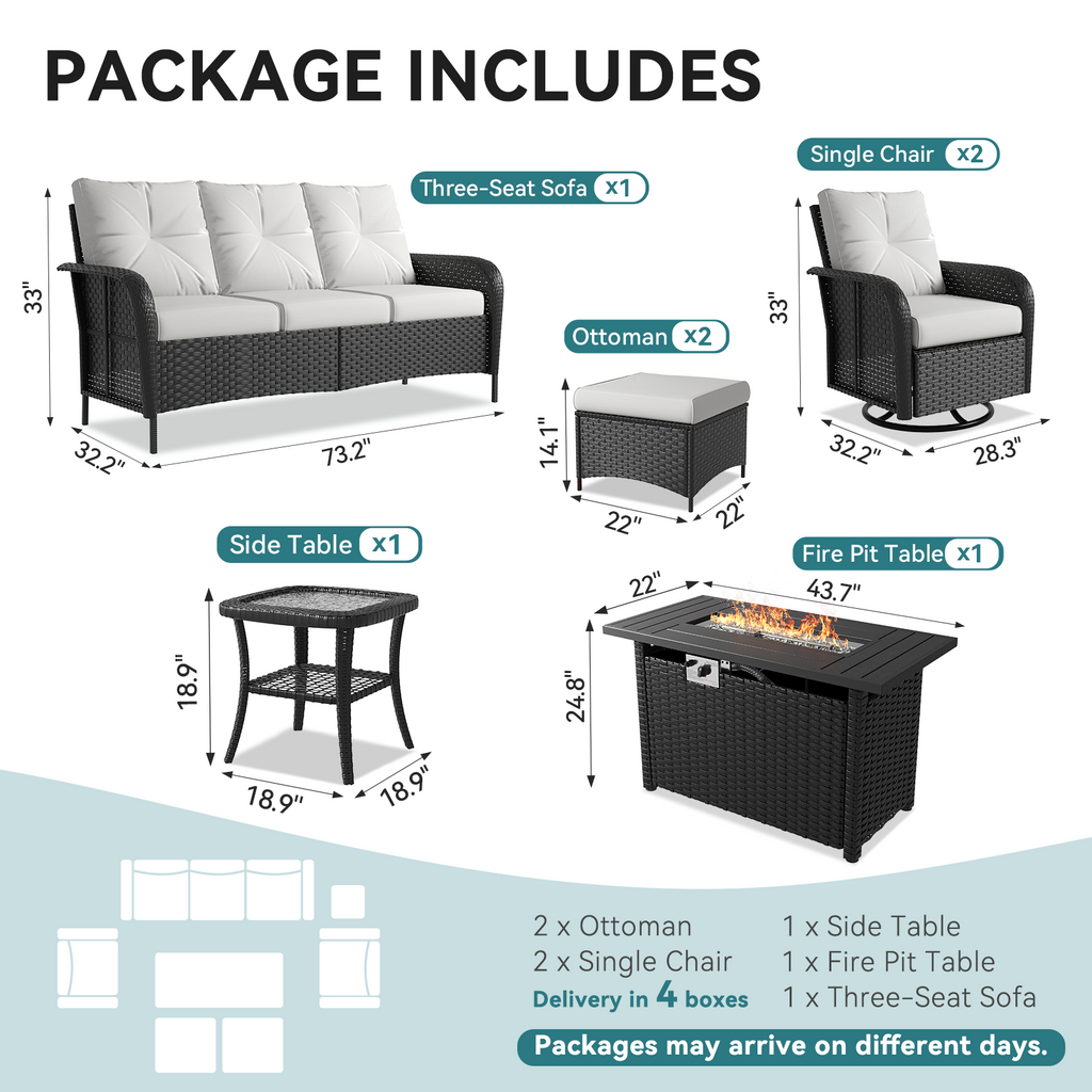 LazySunsets 7 Piece Outdoor Patio Furniture Set with Coffee Table, Wicker Rattan Outdoor Furniture with High Back Swivel Rocker Chairs, Outdoor Conversation Sets with Thick Cushions & Ottoman