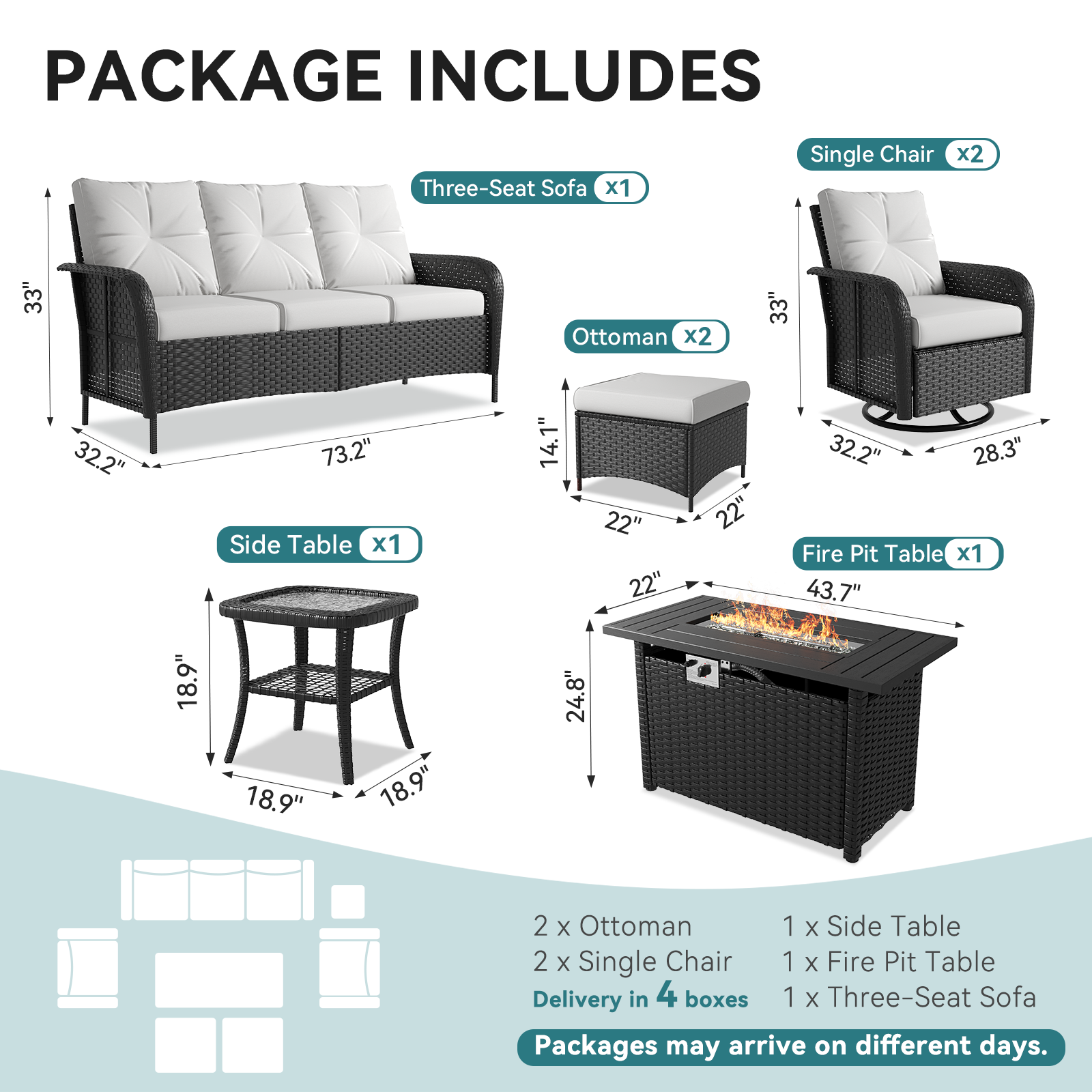 LazySunsets 7 Piece Outdoor Patio Furniture Set with Coffee Table, Wicker Rattan Outdoor Furniture with High Back Swivel Rocker Chairs, Outdoor Conversation Sets with Thick Cushions & Ottoman