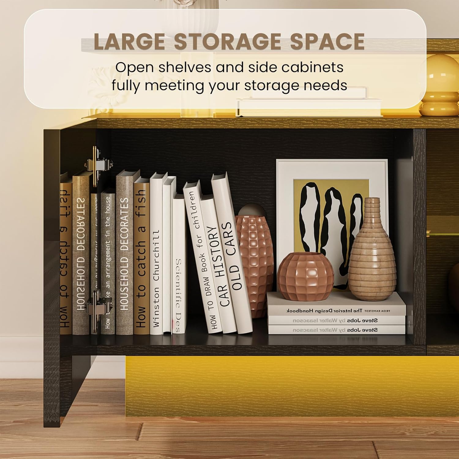 Nordivale 80” High-Glossy TV Stand with 2 Side Cabinets, Storage Entertainment Center, Modern Stylish TV Console with 3 Layer LED Lights&Power Outlets,Remote&APP Control for Living Room Use Black