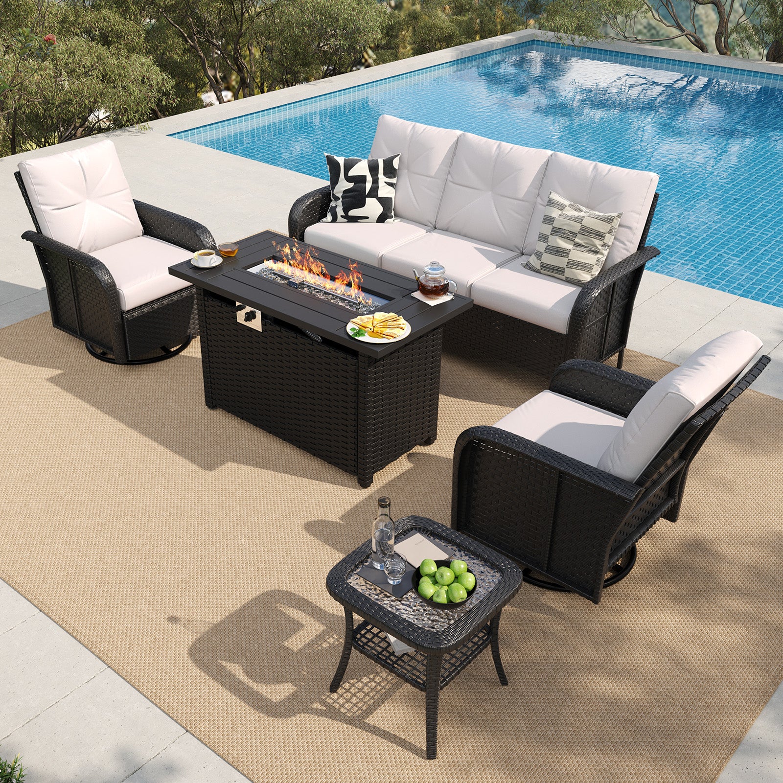 LazySunsets 7 Piece Outdoor Patio Furniture Set with Coffee Table, Wicker Rattan Outdoor Furniture with High Back Swivel Rocker Chairs, Outdoor Conversation Sets with Thick Cushions & Ottoman