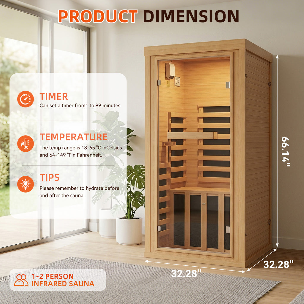 Breezestival 1 Person Infrared Dry Sauna, Canadian Hemlock Wood Indoor Home Spa Sauna Room with Speakers, Tempered Glass Door, 149°F Max, 32.3"x32.3"x61.6"