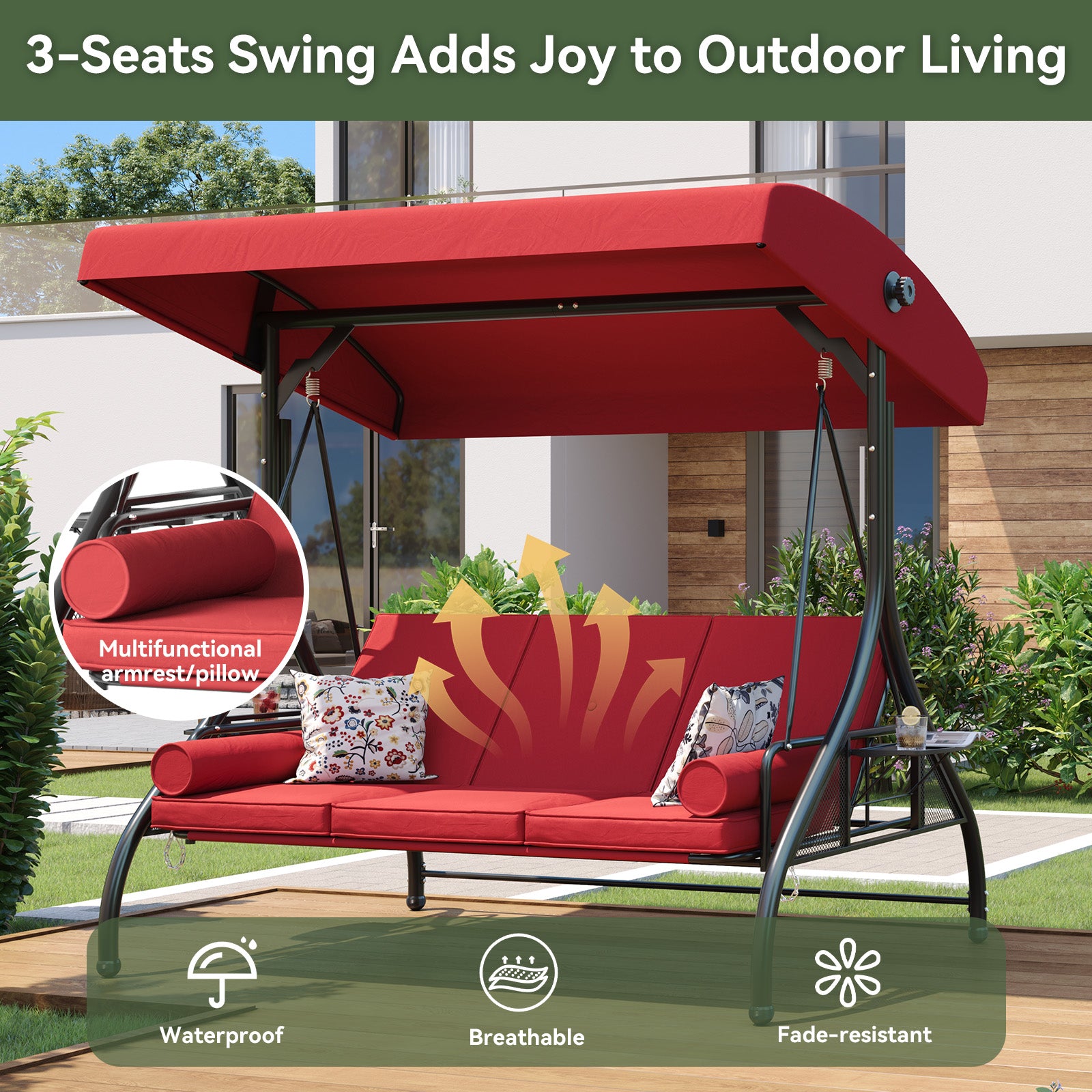 Aoxun Outdoor Porch Swing with Stand and Canopy, 3 Seats Outdoor Swings for Adults, Convertible 2 in 1 Swing Bed with Cup Holder, Patio Swings with Thicken Cushions for Garden, Yard & Balcony