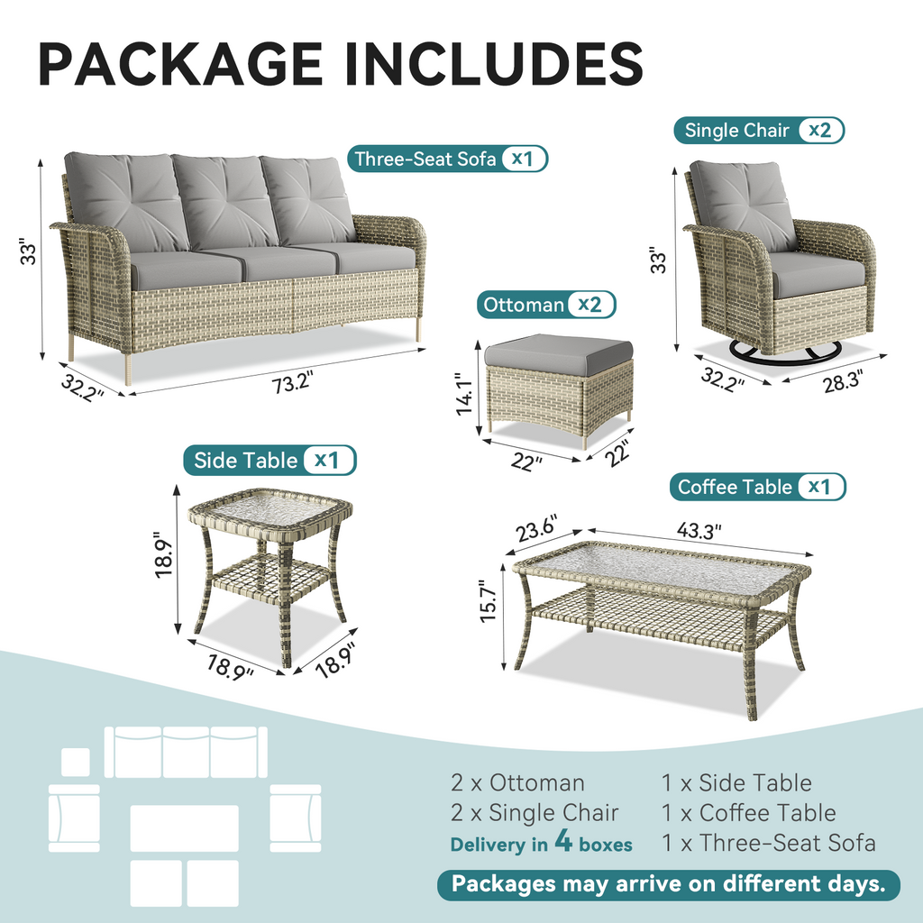 LazySunsets 7 Piece Outdoor Patio Furniture Set with Coffee Table, Wicker Rattan Outdoor Furniture with High Back Swivel Rocker Chairs, Outdoor Conversation Sets with Thick Cushions & Ottoman