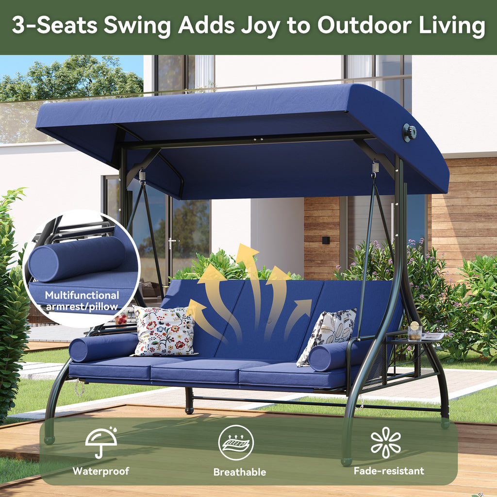 Aoxun Outdoor Porch Swing with Stand and Canopy, 3 Seats Outdoor Swings for Adults, Convertible 2 in 1 Swing Bed with Cup Holder, Patio Swings with Thicken Cushions for Garden, Yard & Balcony
