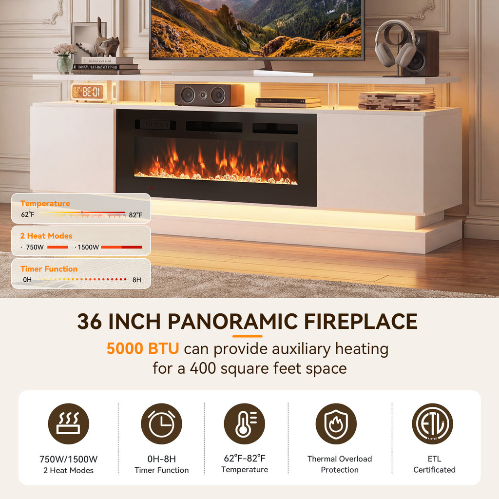 Breezestival 70" Fireplace TV Stand for TVs up to 80", Modern Entertainment Center with Black Fireplace and Storage, White