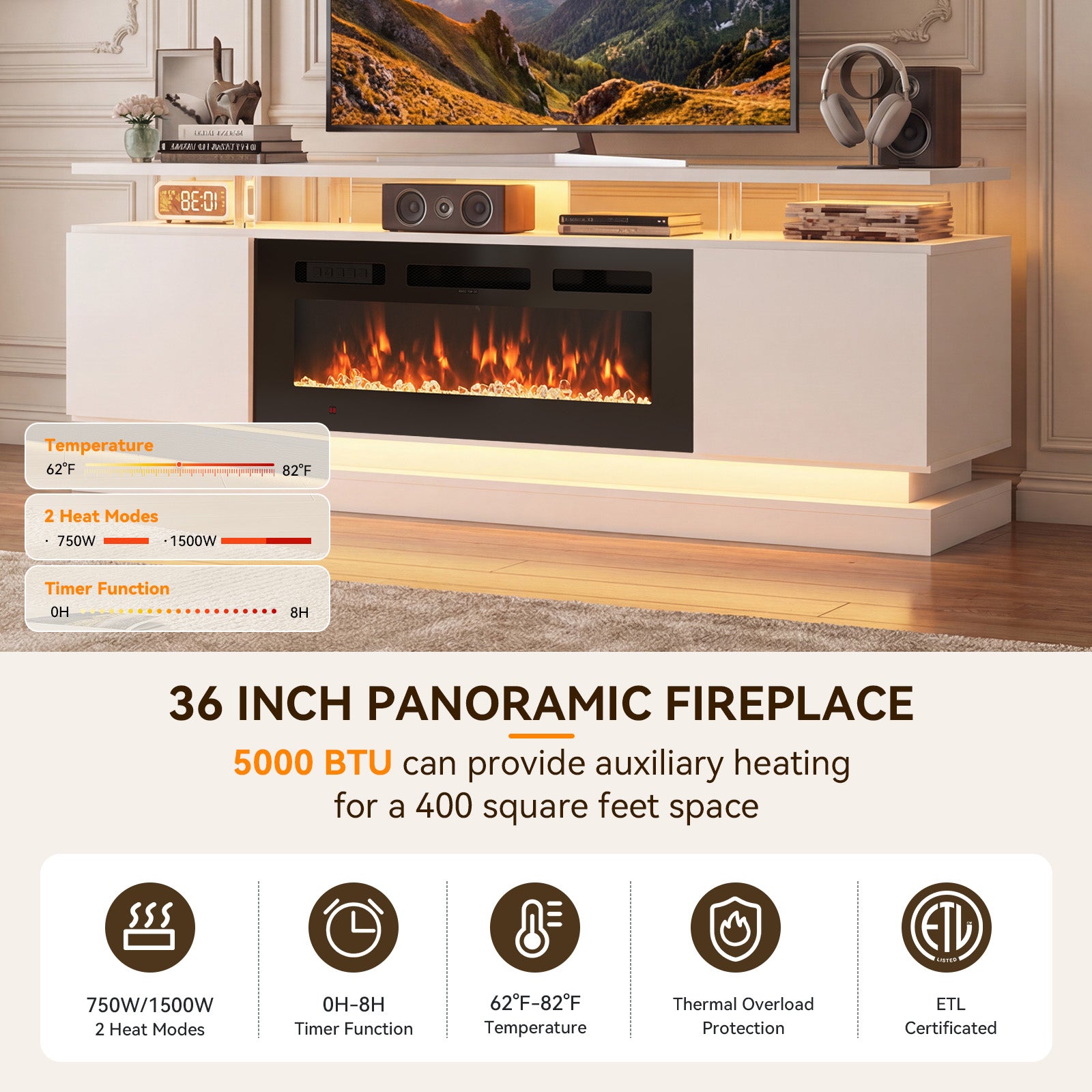 Breezestival 70" Fireplace TV Stand for TVs up to 80", Modern Entertainment Center with Black Fireplace and Storage, White